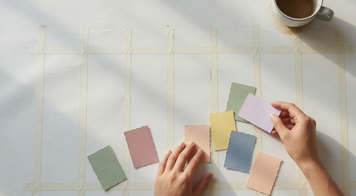 A weekly content calendar board with colored cards being sorted into platform columns by hand