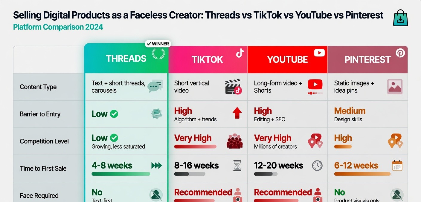 Platform comparison table showing Threads beats TikTok, YouTube, and Pinterest for faceless selling