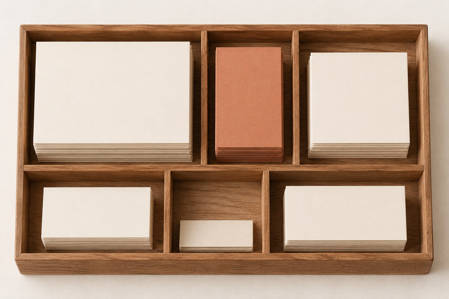 A wooden board with six compartments of different sizes, each holding a different stack of blank cards