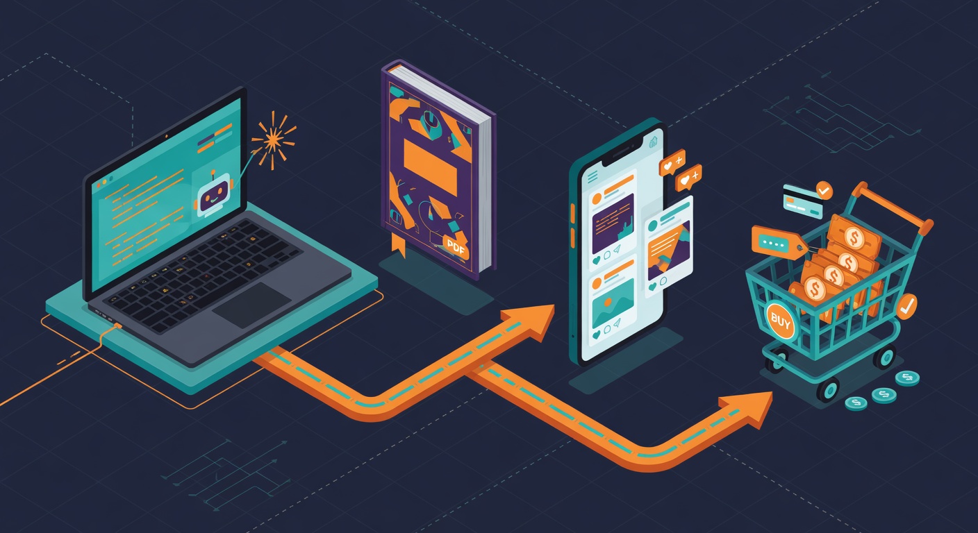Step-by-step workflow diagram for creating and selling faceless digital products