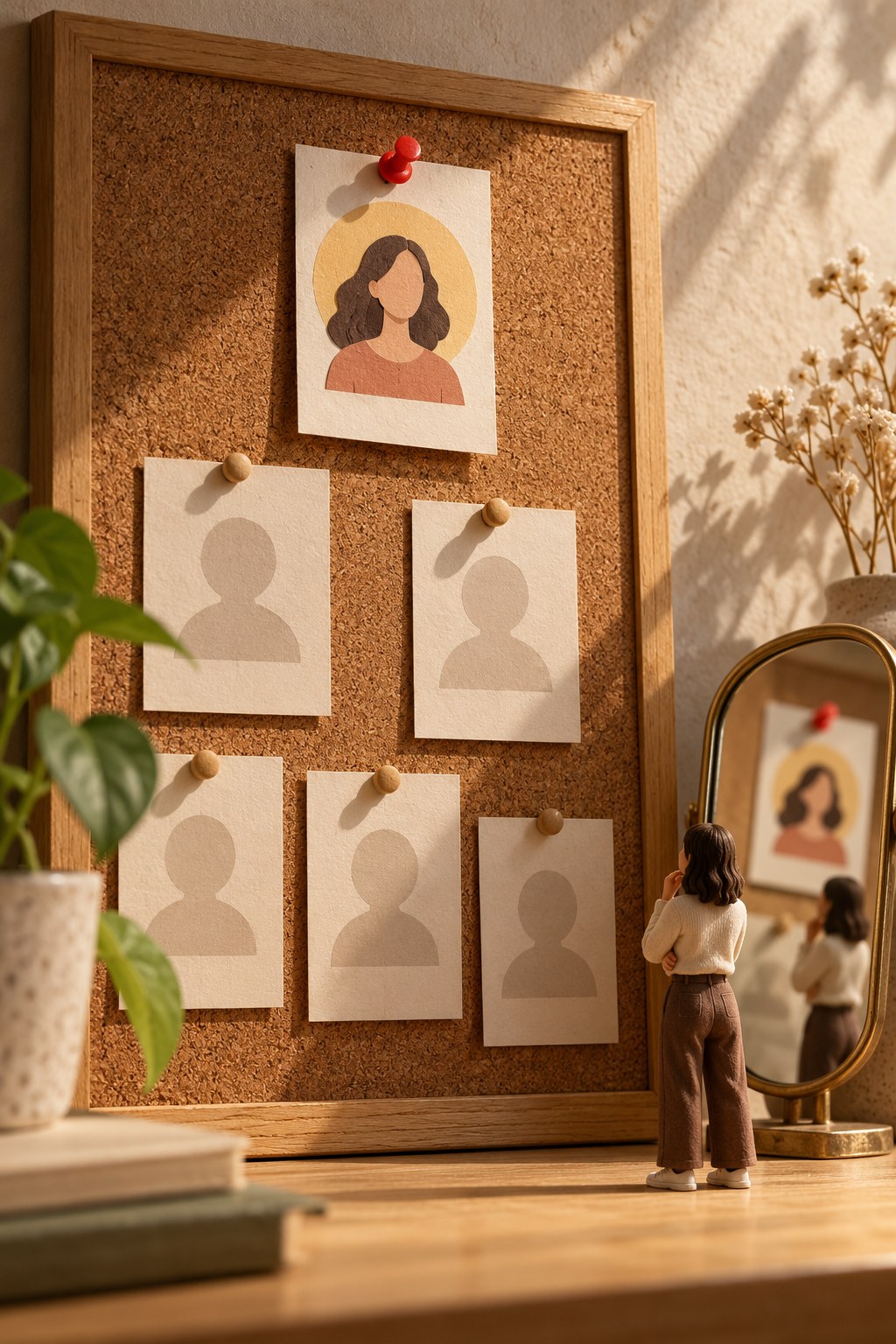 A tall profile wall with one card pinned at the top while a visitor pauses to view it