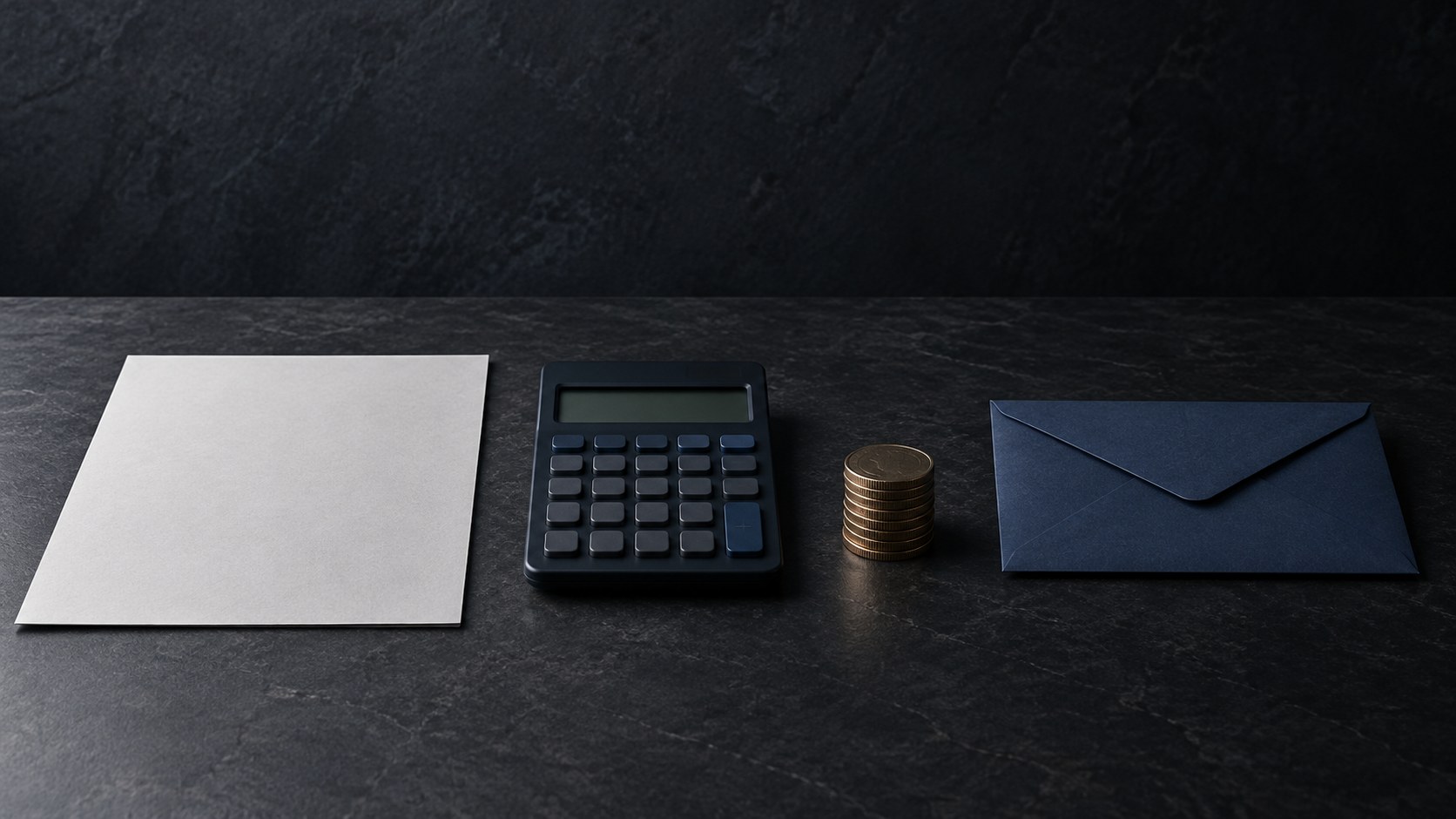 A brief printout, a calculator, a small stack of coins, and a sealed envelope in a row on a desk, with no words and no screens