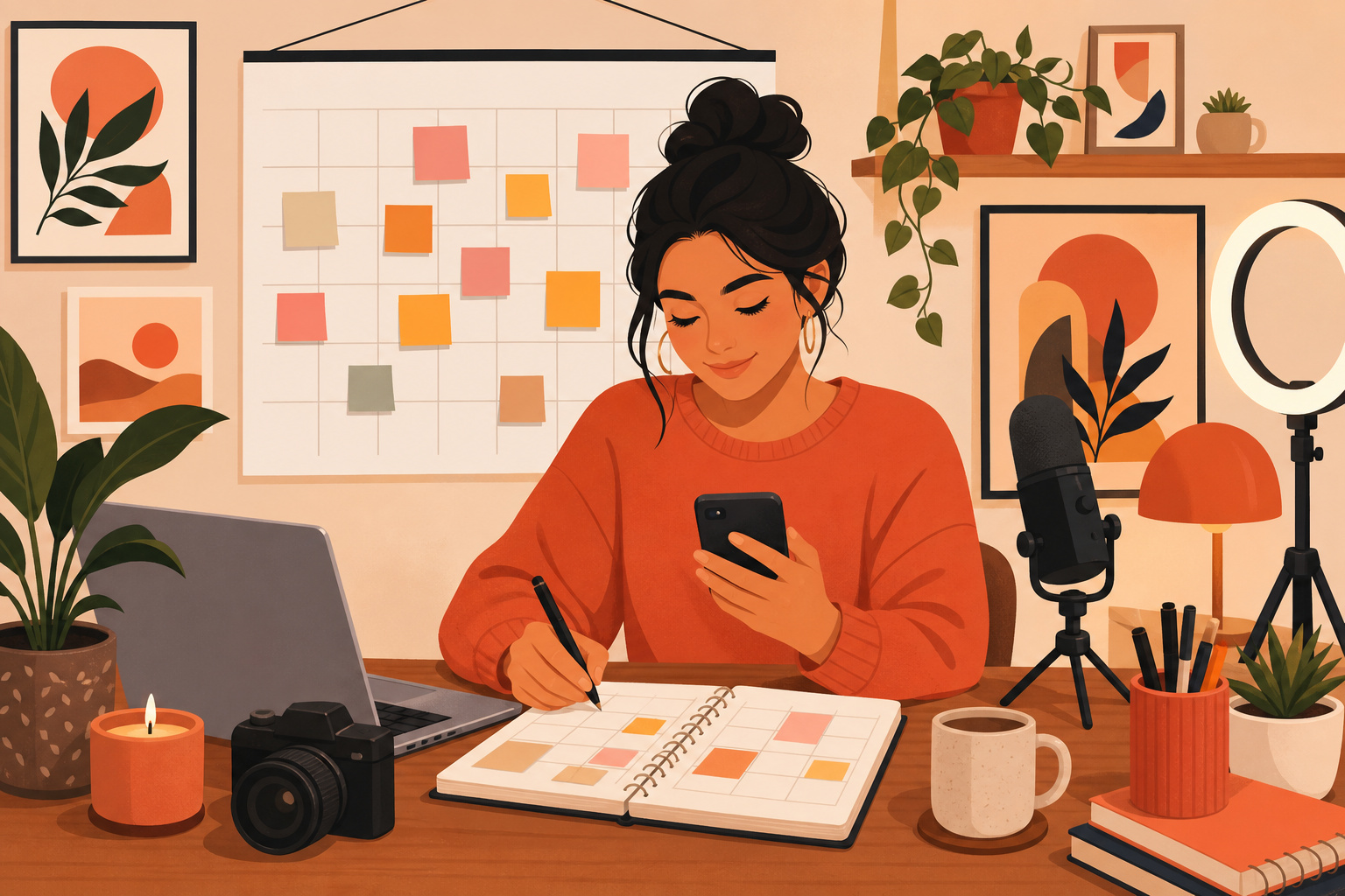 Person planning a week of Threads content with phone and notebook
