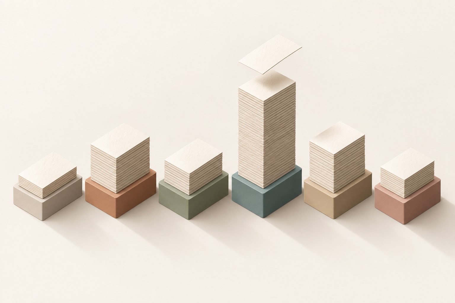 Six stacks of blank paper cards of different heights on display pedestals, one card hovering above waiting to be placed