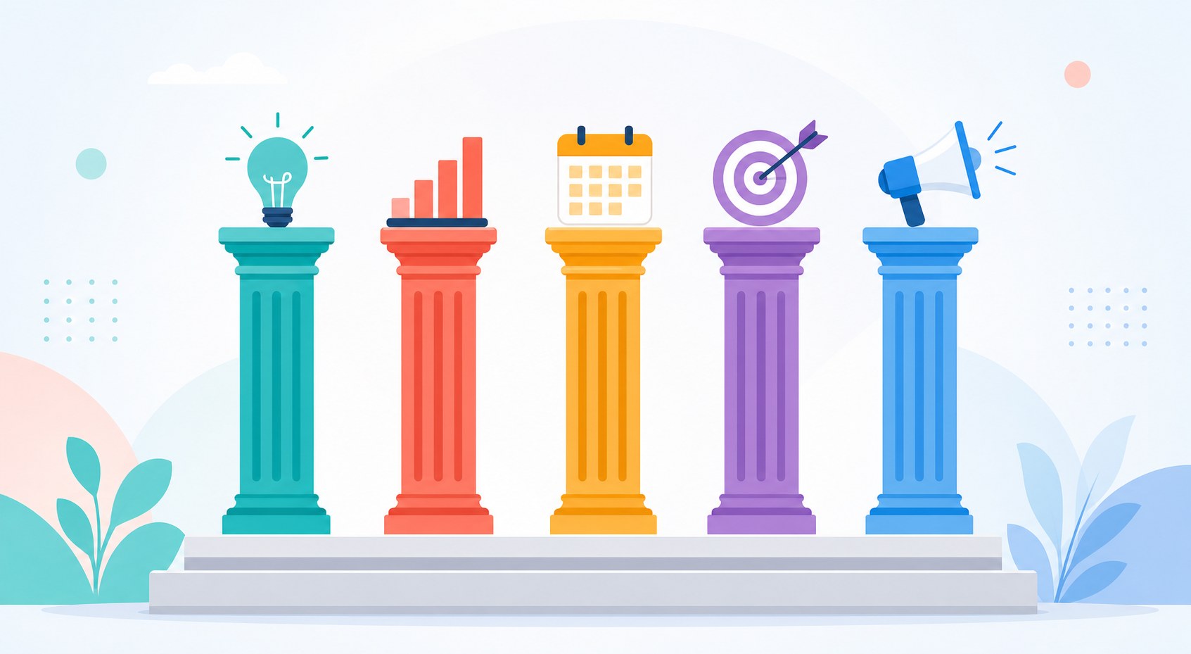 Five content pillars standing on a foundation representing a Threads content strategy framework