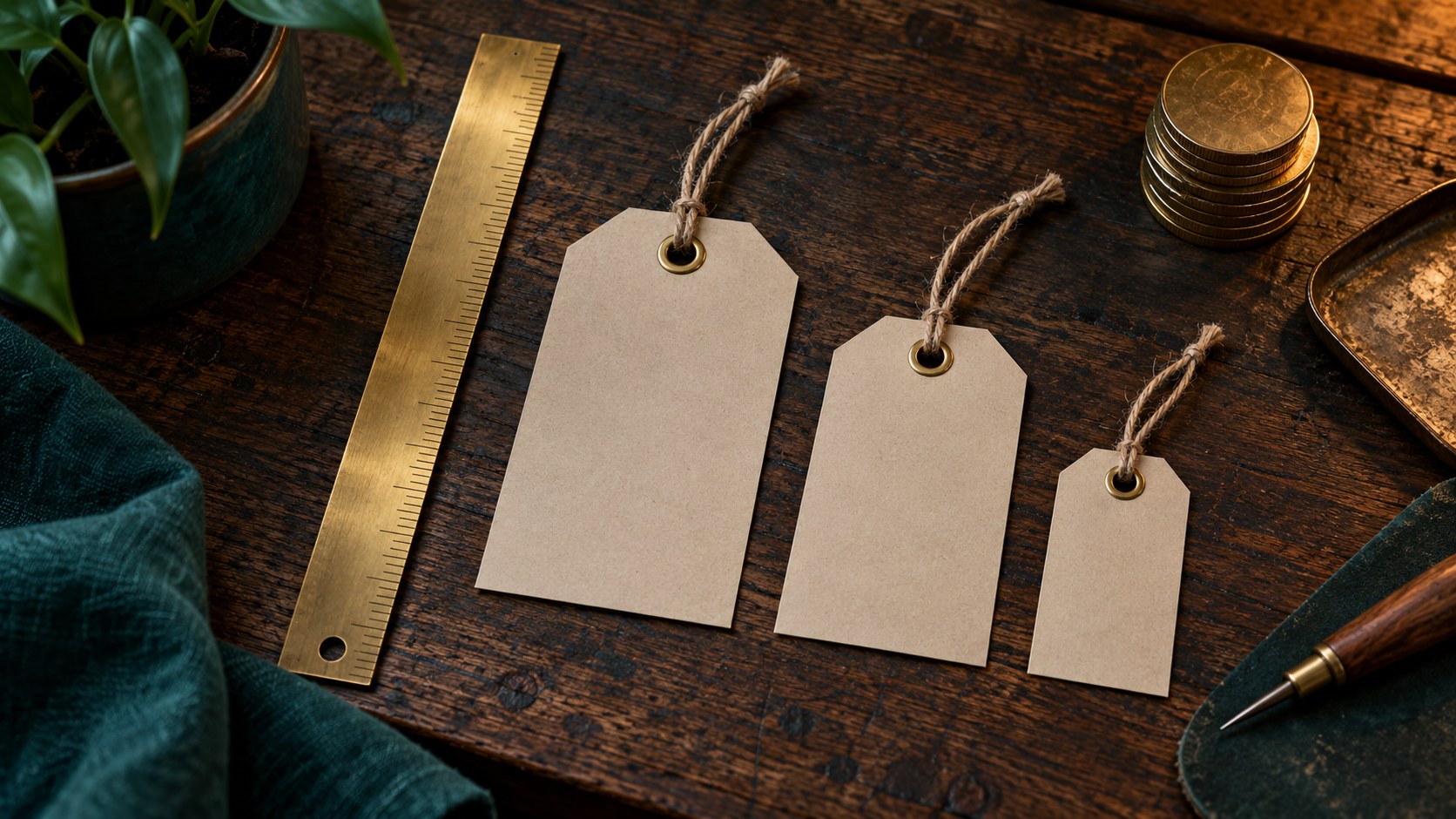 A wooden ruler and stacked coins beside three price tags of different sizes on a workbench
