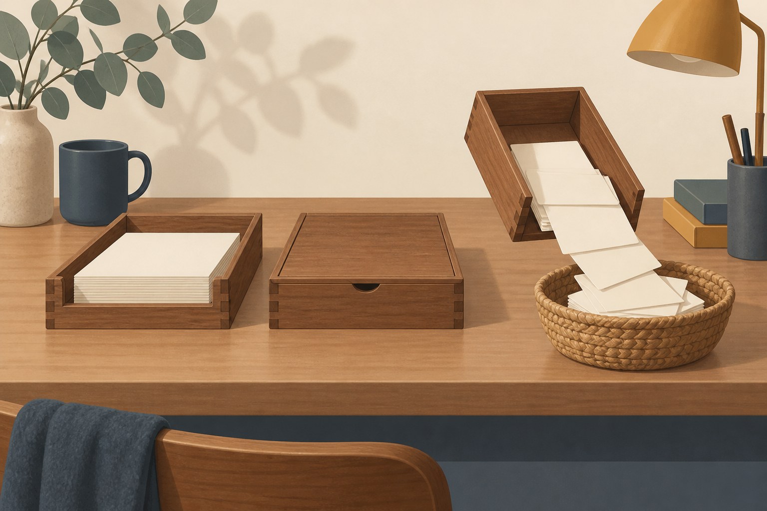 Three wooden sorting trays holding paper cards, one tray open, one lidded, one emptying into a bin