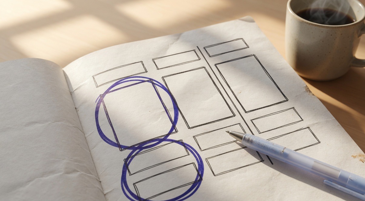 A notebook with a hand-drawn cost comparison table and a circled winning column, coffee cup beside it