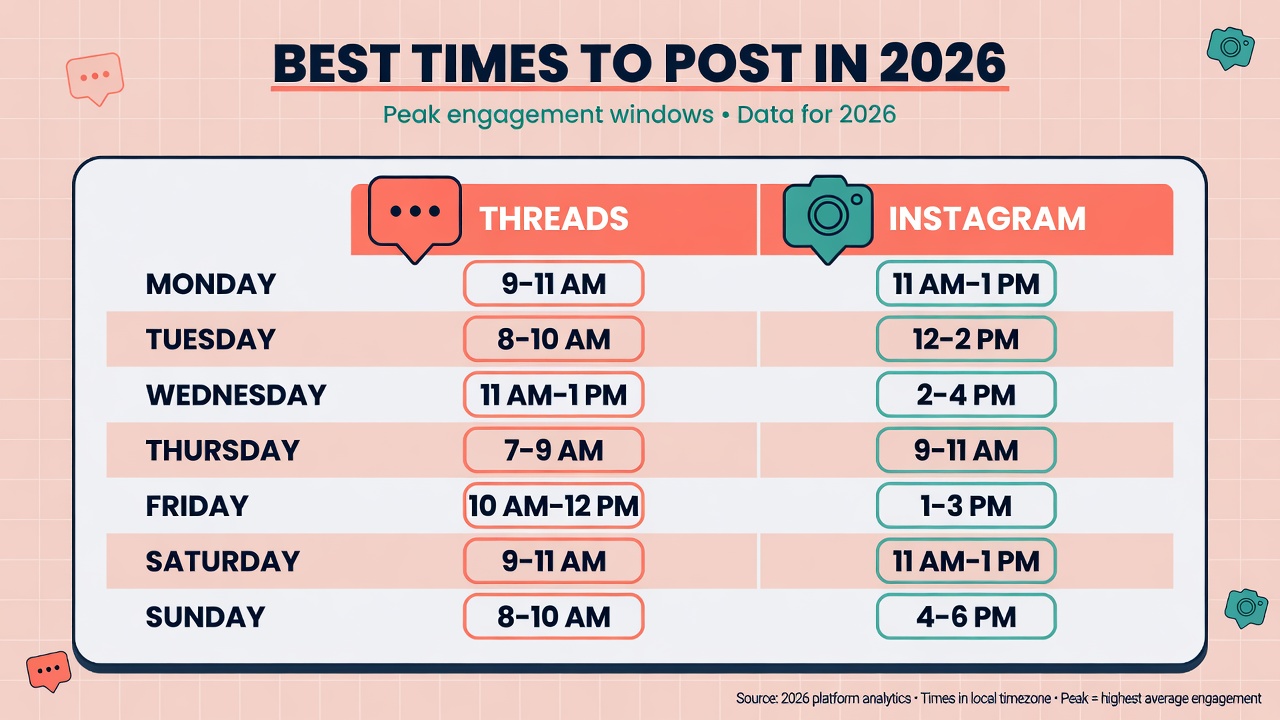 Best times to post on Threads versus Instagram by day of the week for 2026