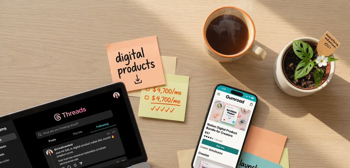 Minimalist desk setup showing Threads app and Gumroad for selling digital products facelessly