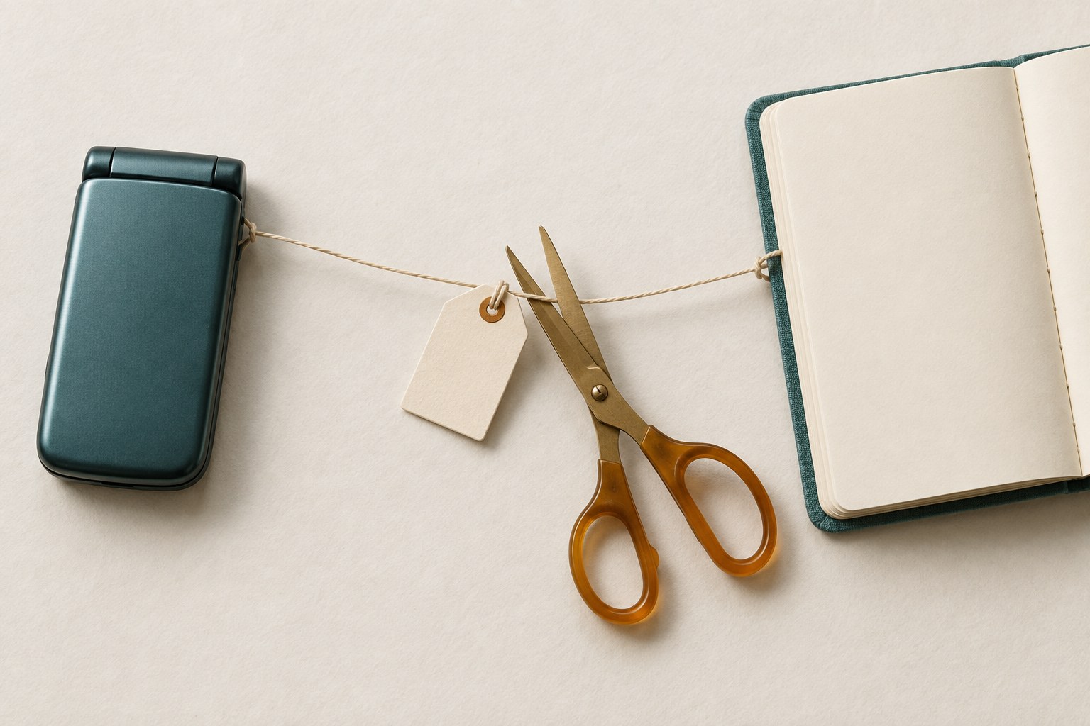 Paper tag cut off a string between a closed phone and a plain notebook, no screens, no UI, no charts, no readable text