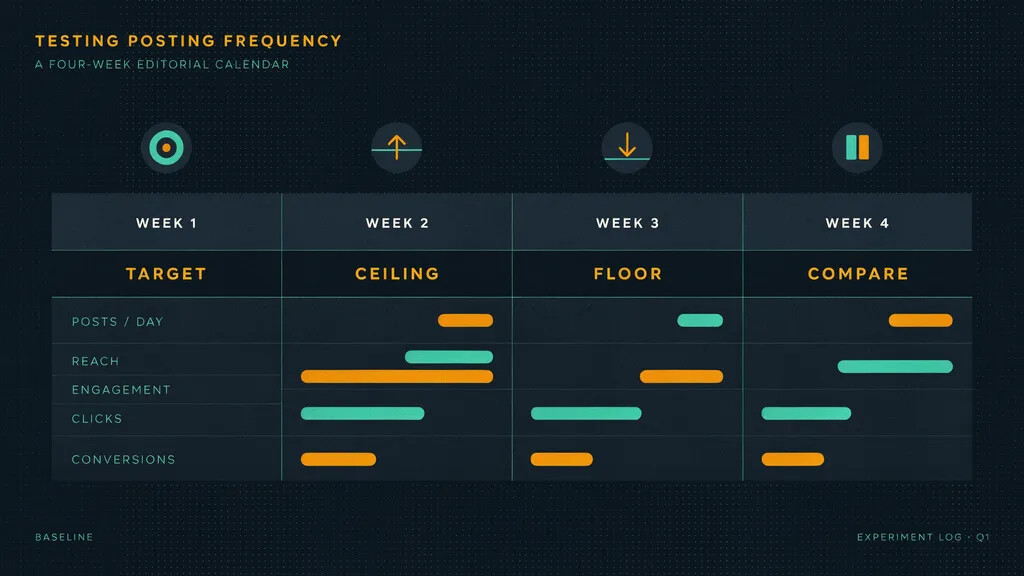 A four-week testing calendar showing weeks of target, ceiling, and floor posting cadences with metric tracking rows