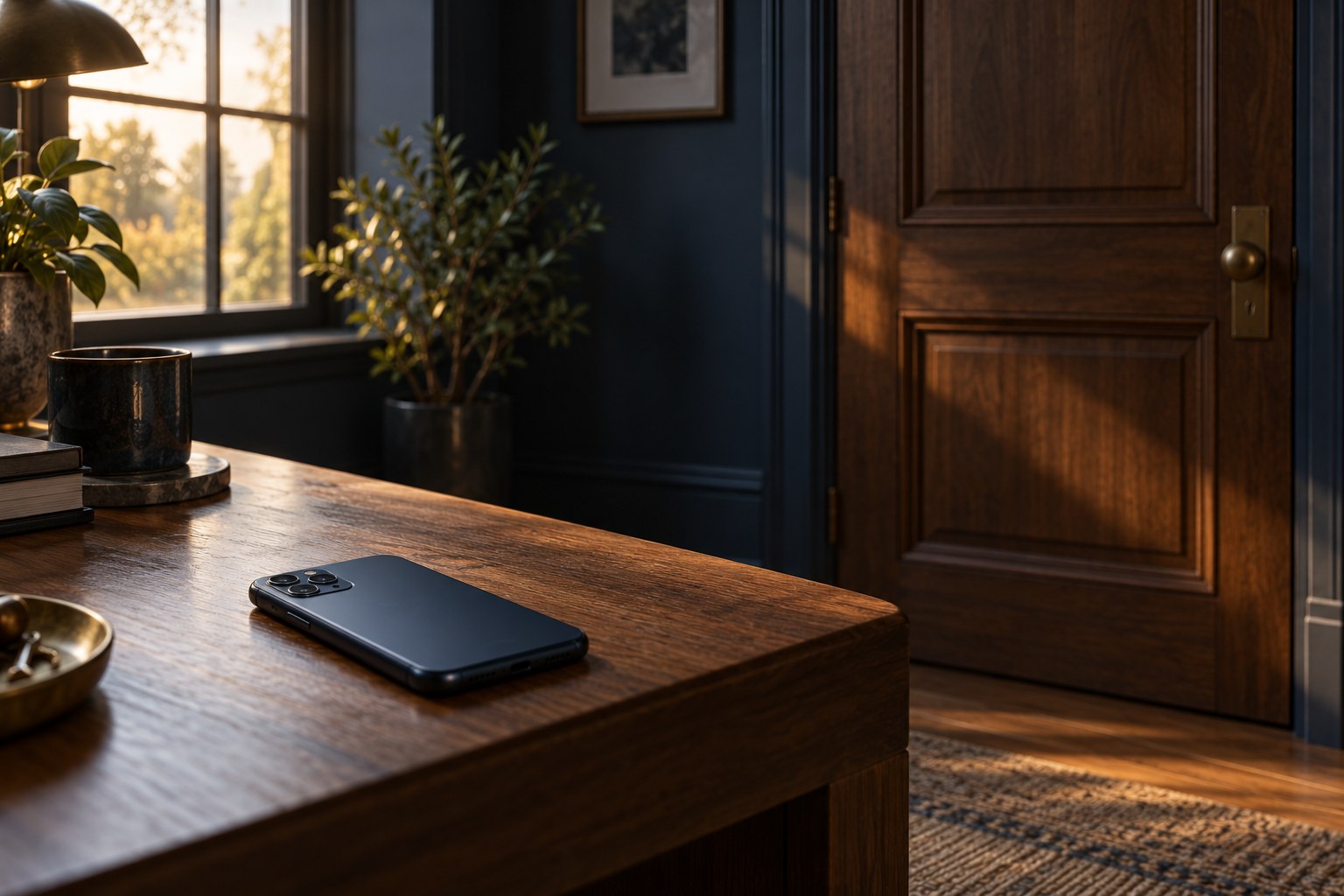 A phone lying face down on a desk beside a closed wooden door, soft morning light, no notifications reaching it