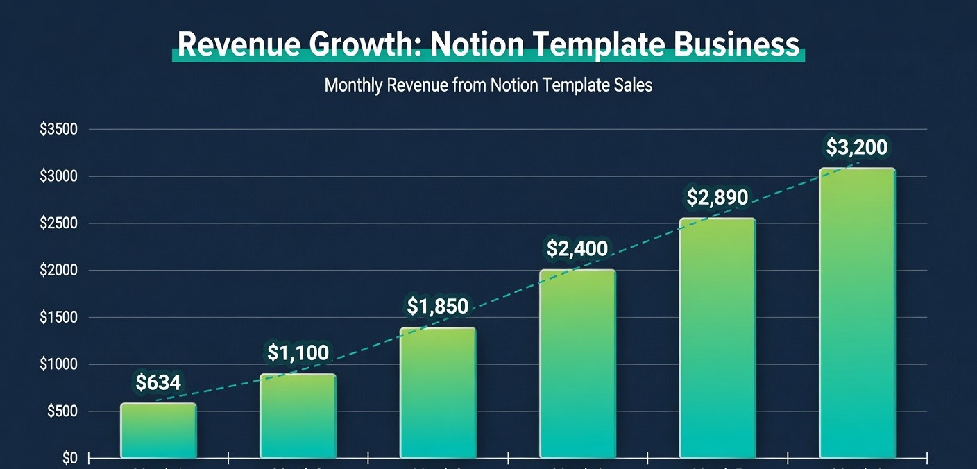 Revenue growth chart showing Notion template income growing from zero to $3,200 per month over six months