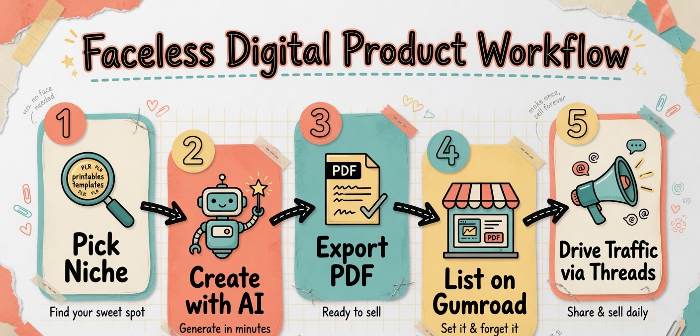 Five-step workflow from niche research to live product with Threads traffic driving sales