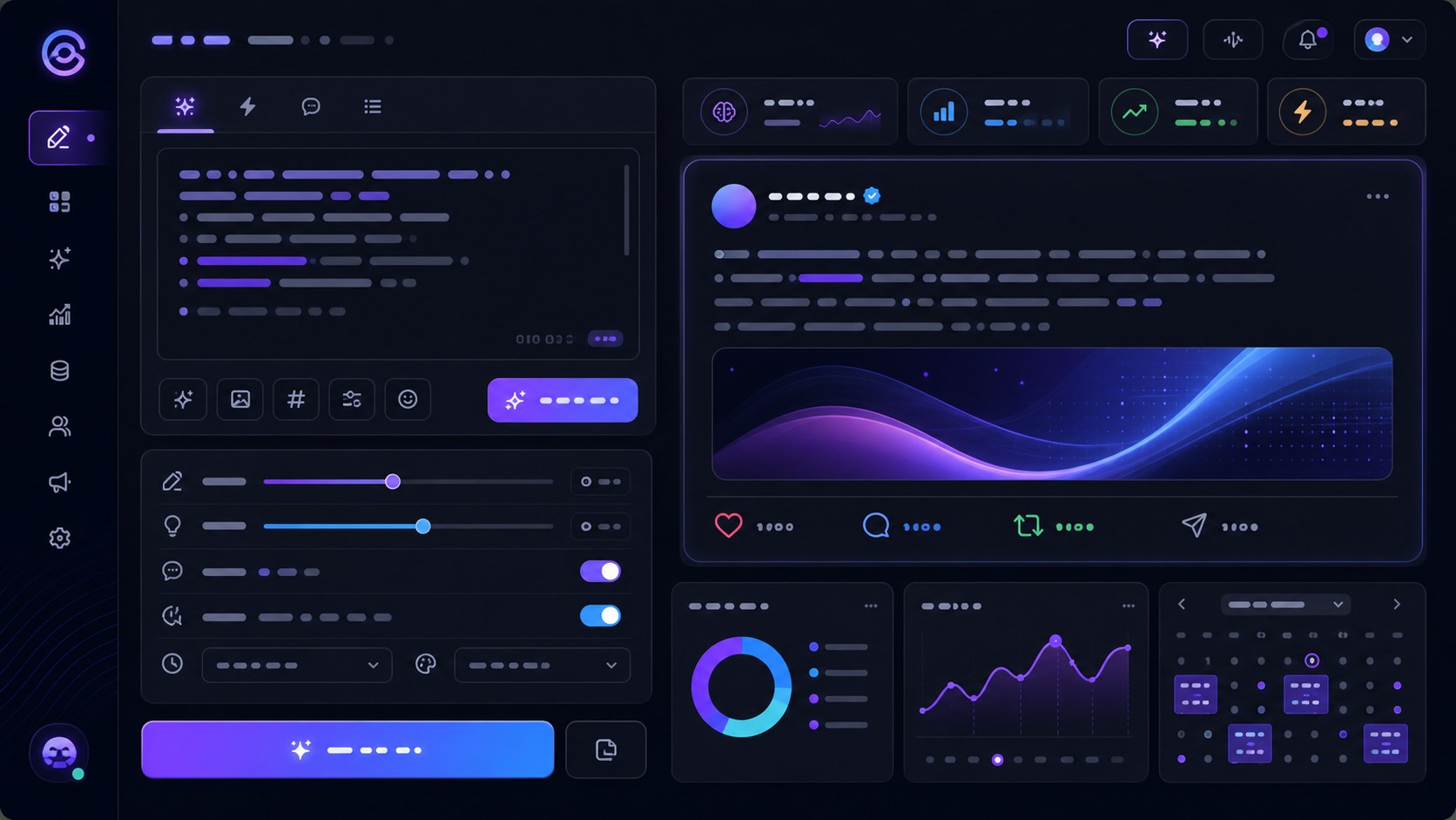 AI-powered Threads post creation workspace showing an AI writing assistant drafting engaging social media posts on a dark dashboard interface