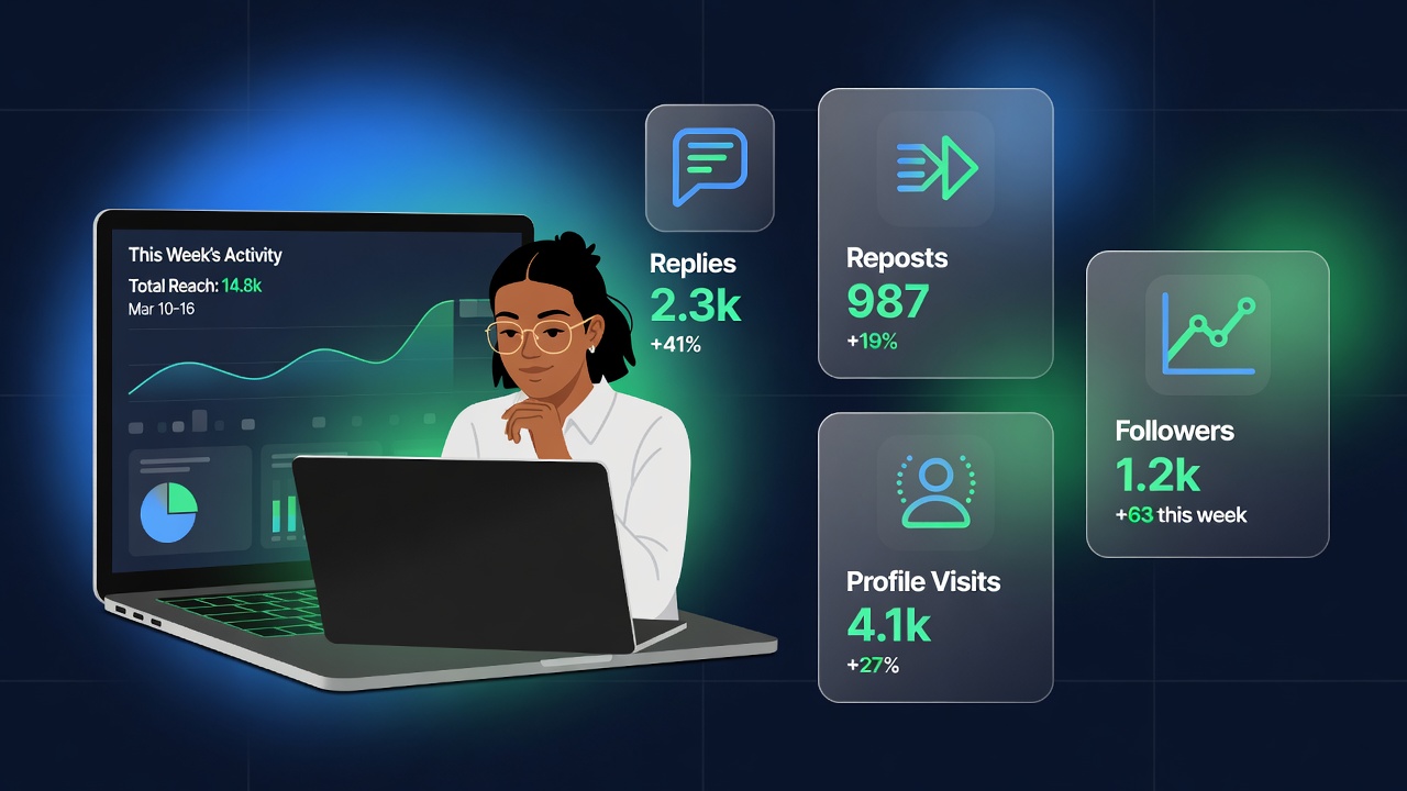 Person reviewing Threads analytics dashboard on a laptop with charts and metrics visible.