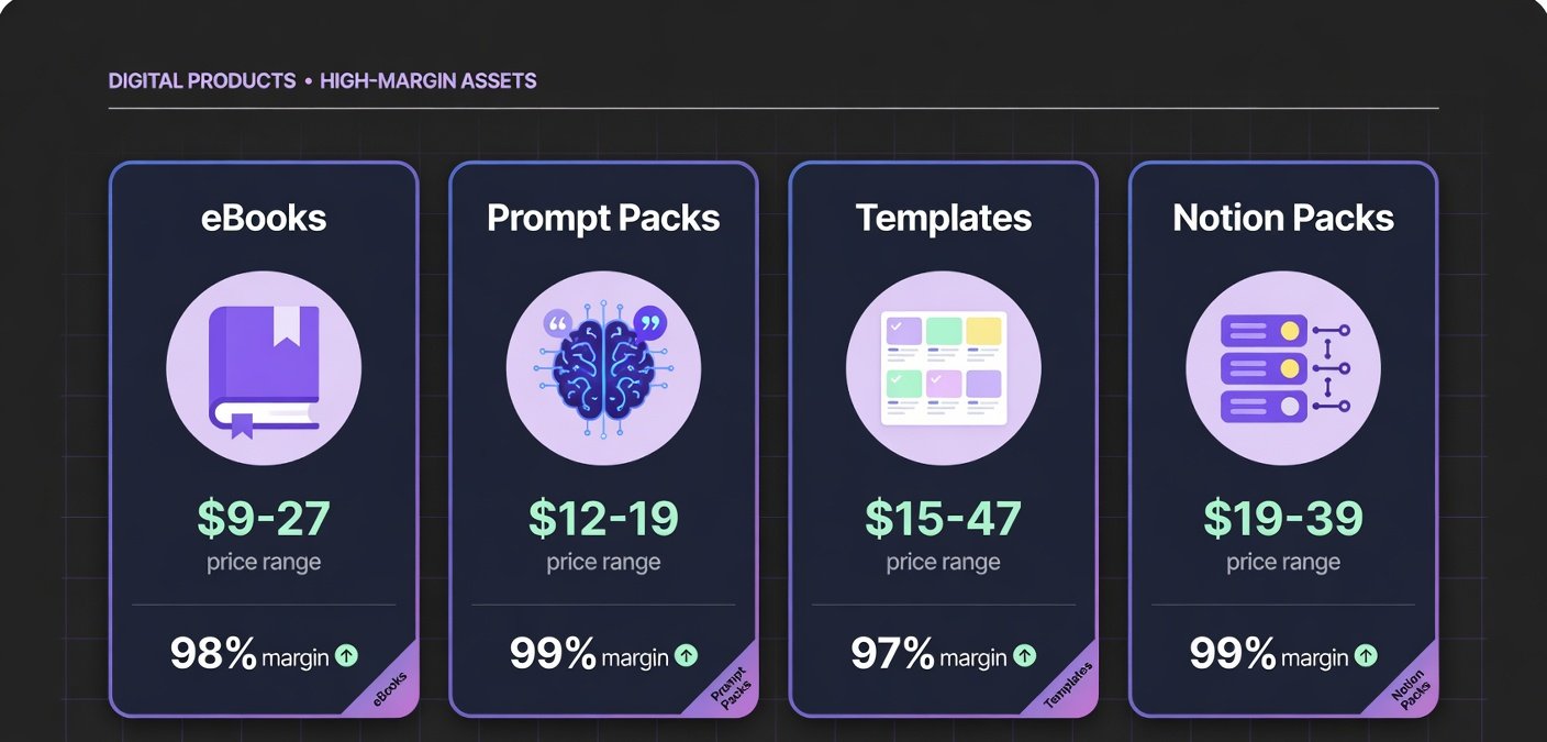 Comparison card layout of four digital product types with price ranges and profit margins