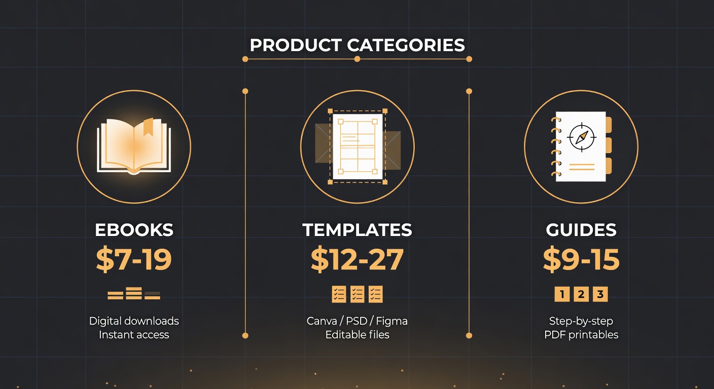 Three column framework showing ebooks templates and guides with price ranges for digital products