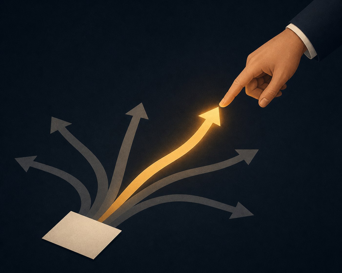 A hand pointing at a single highlighted path among several branching arrows on a clean editorial illustration