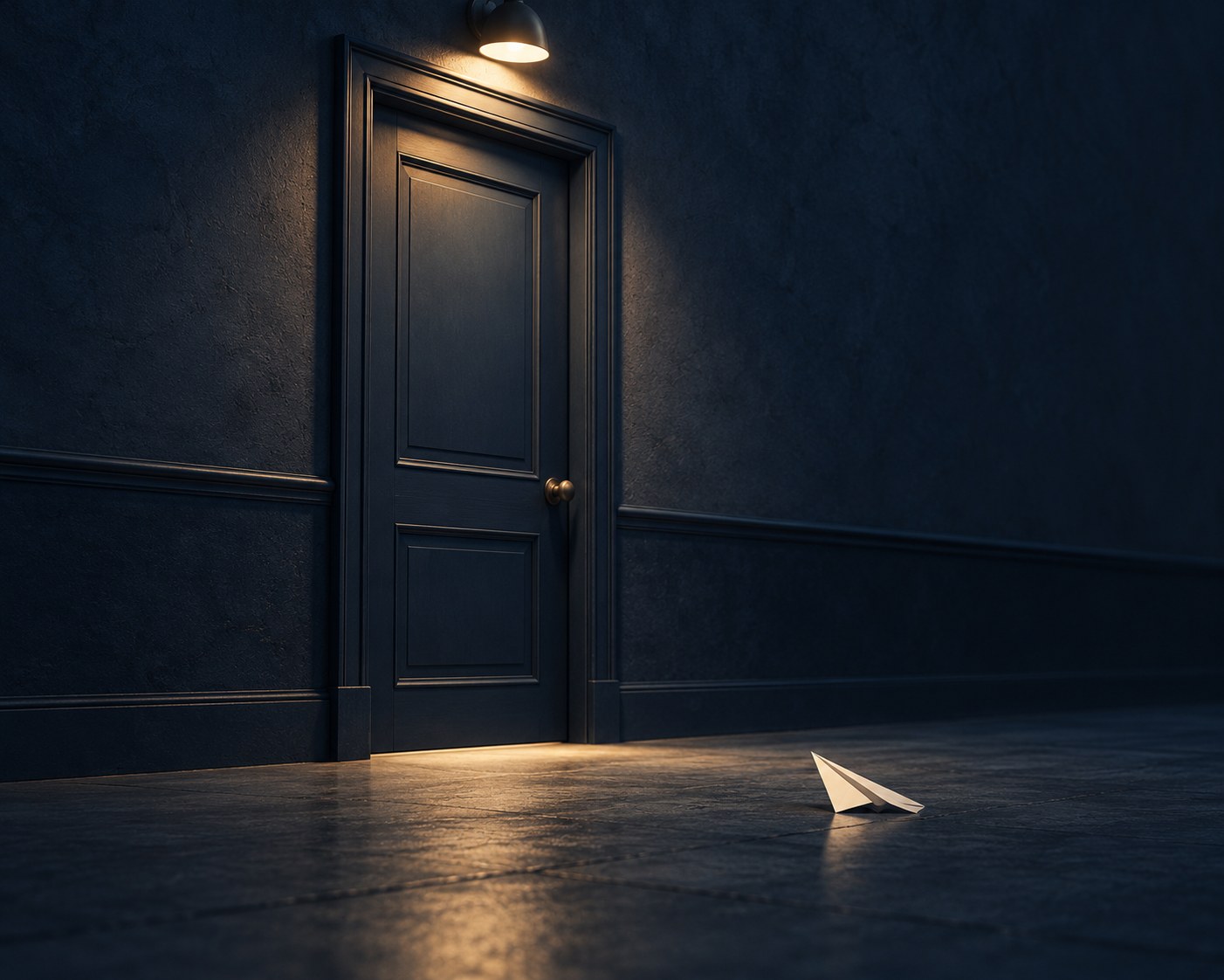 A calm closed door with a soft light left on, symbolizing stepping away from a group conversation