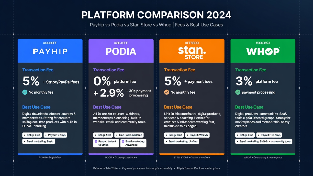 Side-by-side comparison of Payhip Podia Stan Store and Whop platforms
