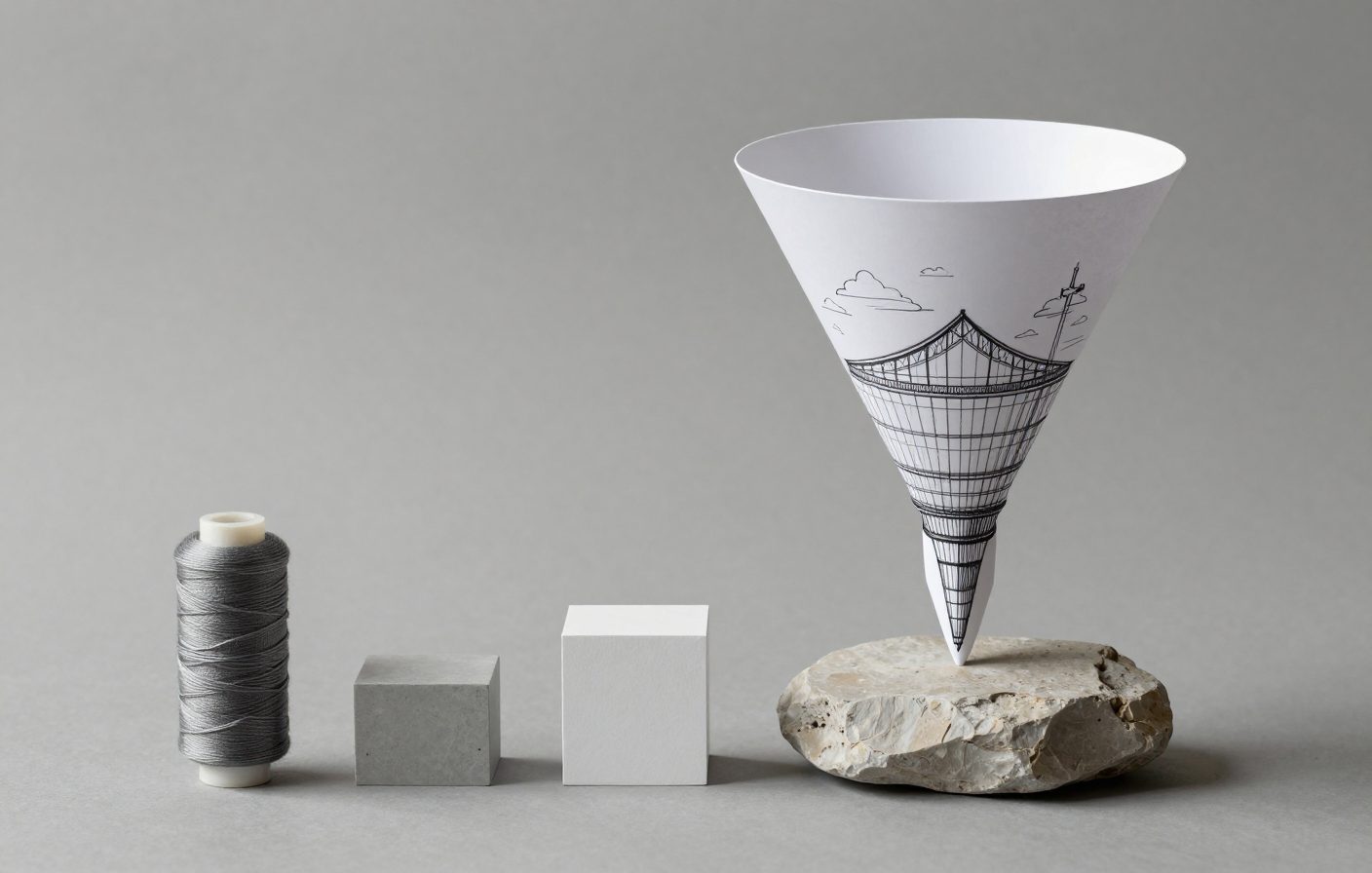 Architectural funnel sculpture made of stone blocks