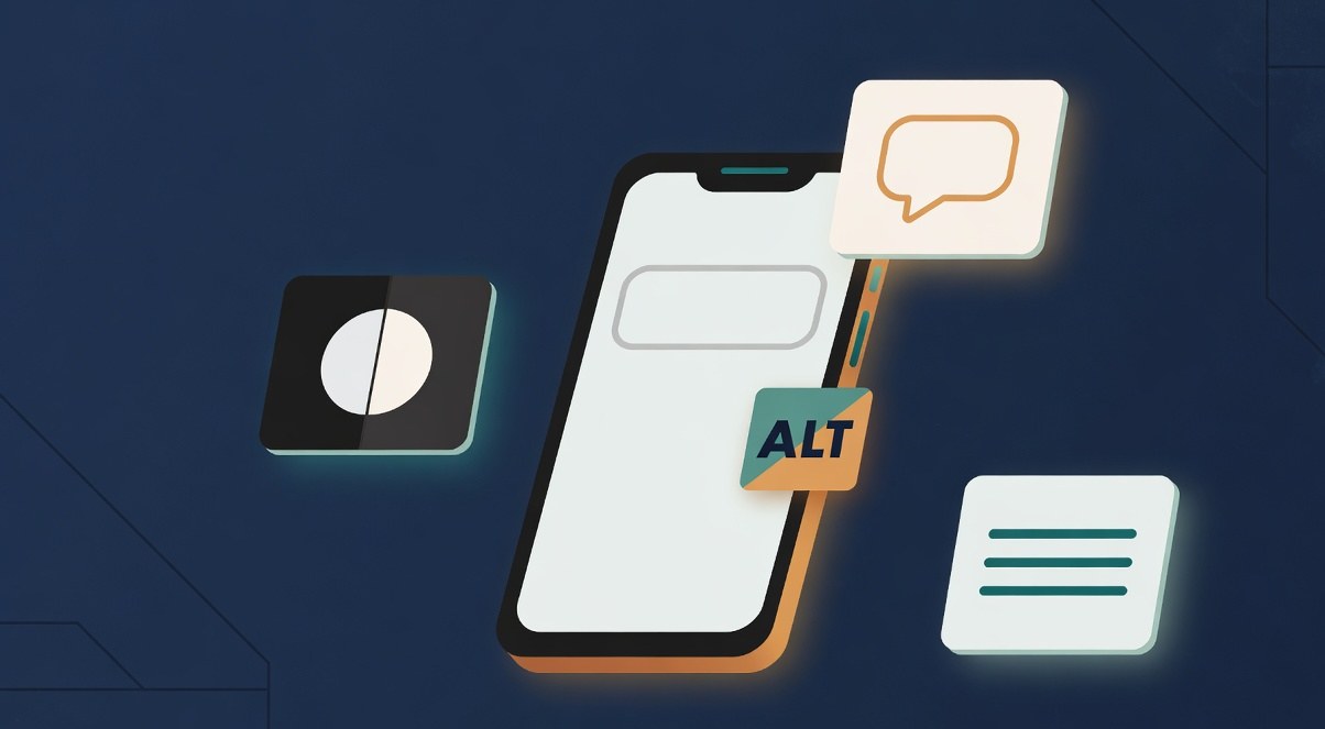 A smartphone showing a social post composer with an alt text field being filled in, surrounded by a subtle accessible-design motif of high-contrast cards