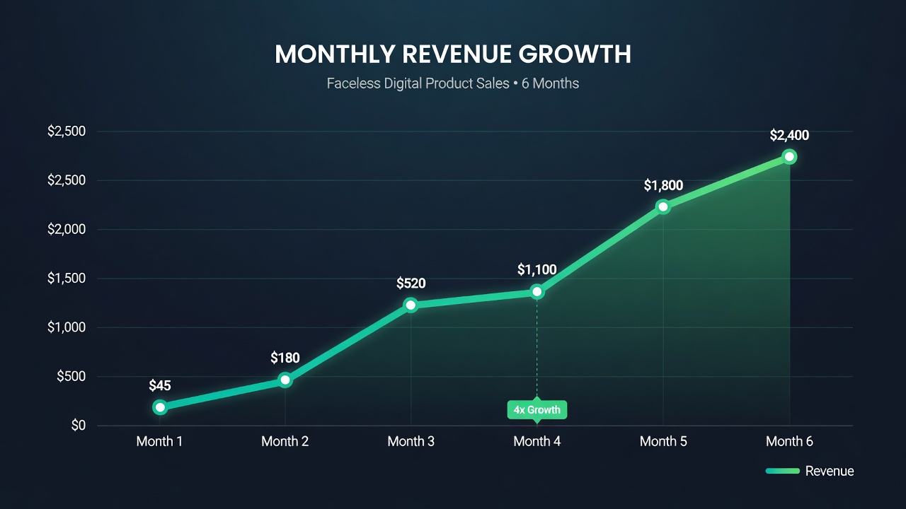 Monthly revenue growth chart for faceless digital product sellers