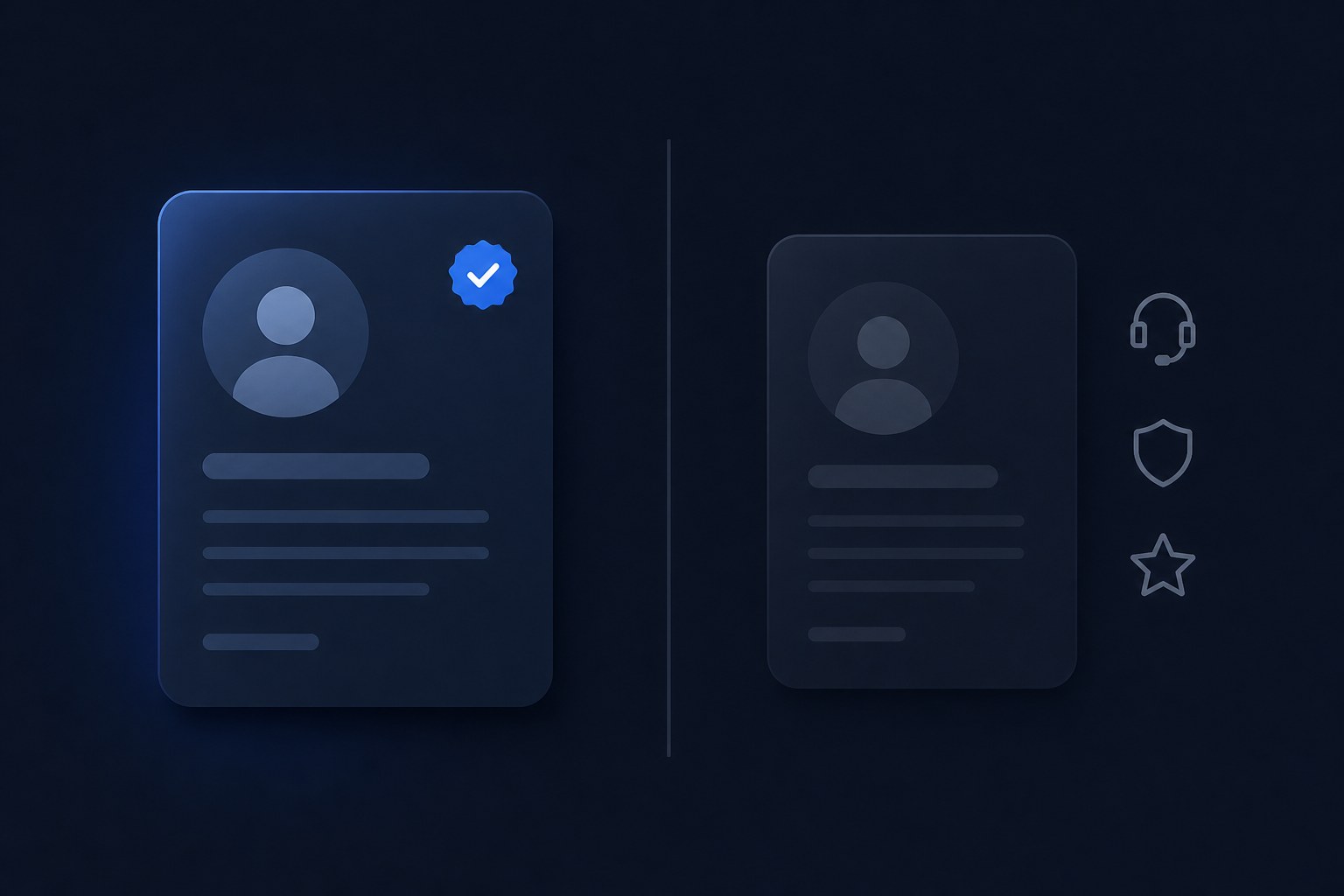 A side-by-side comparison of two profile cards, one showing the badge plus inherited profile details, the other showing the benefits that stay on Instagram