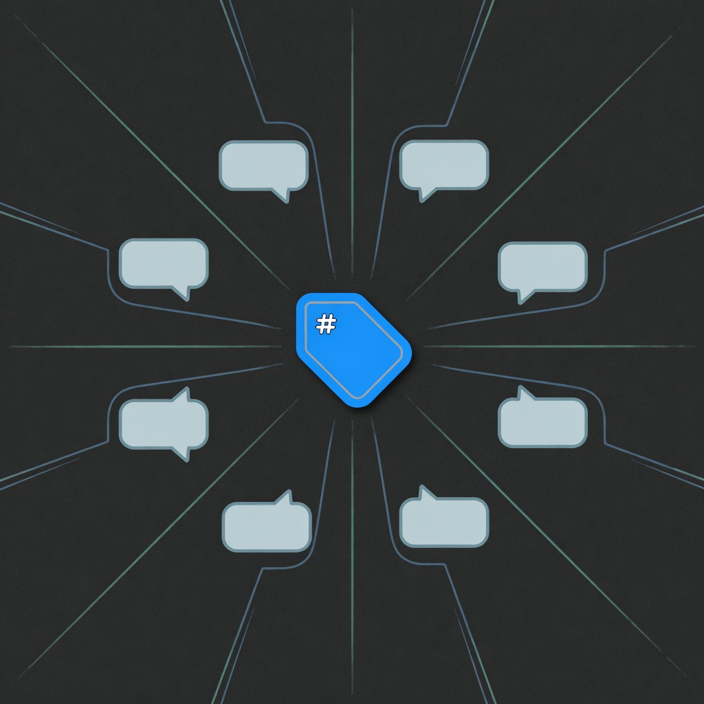 A single clean topic tag icon connecting to a community of speech bubbles on a dark background