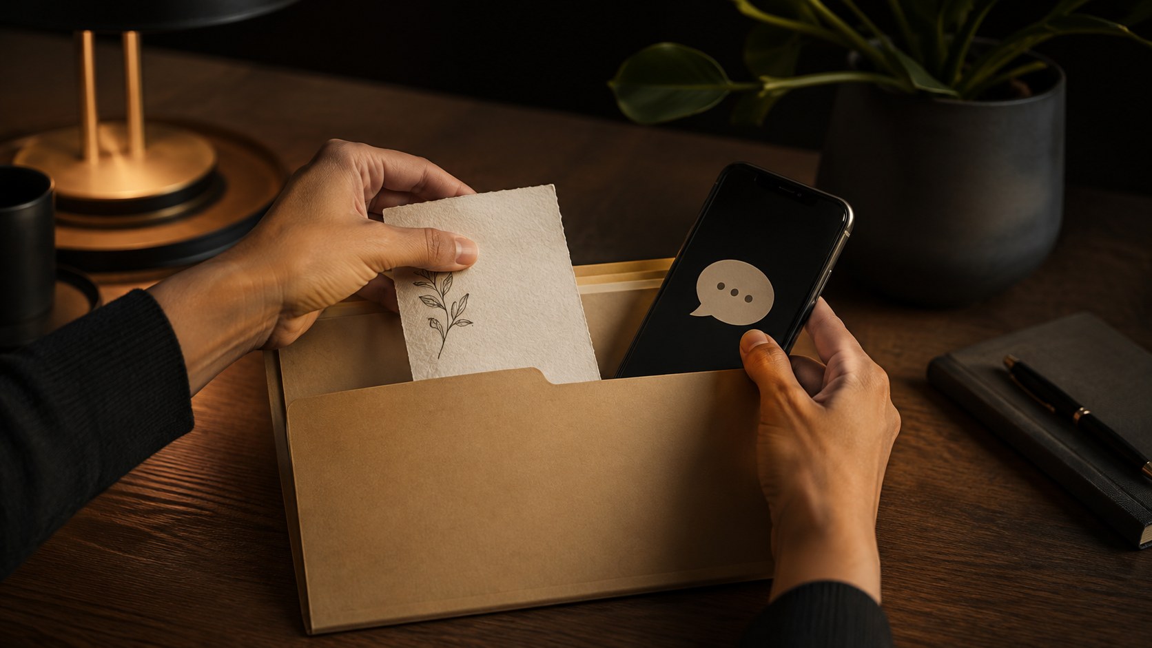 A person saving a short client thank-you message into a labeled testimonial collection folder on a desk beside a phone