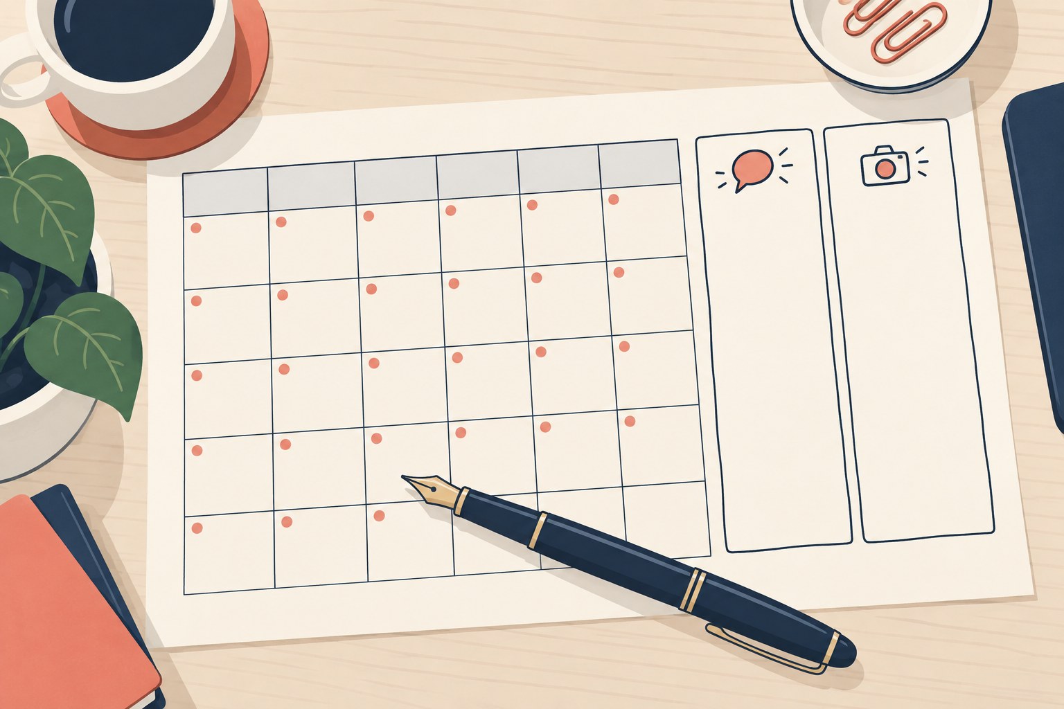 A calendar grid on a desk with a pen and two blank columns, one for a text app and one for a photo app