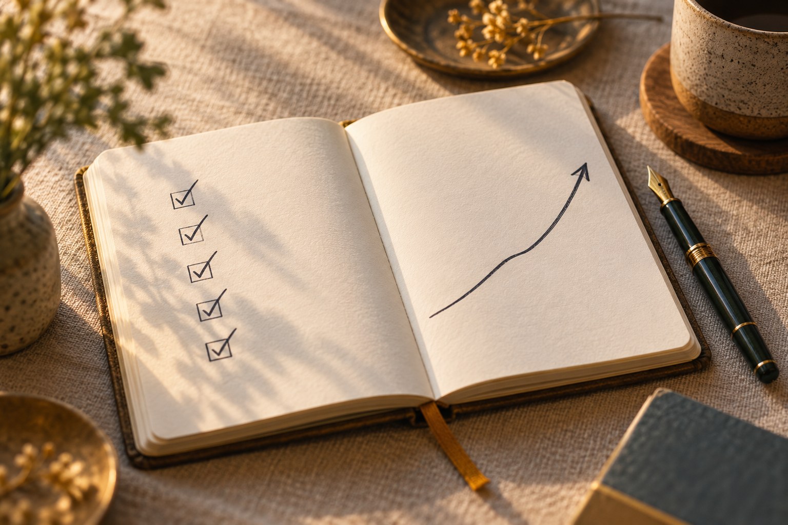A notebook page logging a week of listening activity with hand-drawn checkmarks and a rising arrow