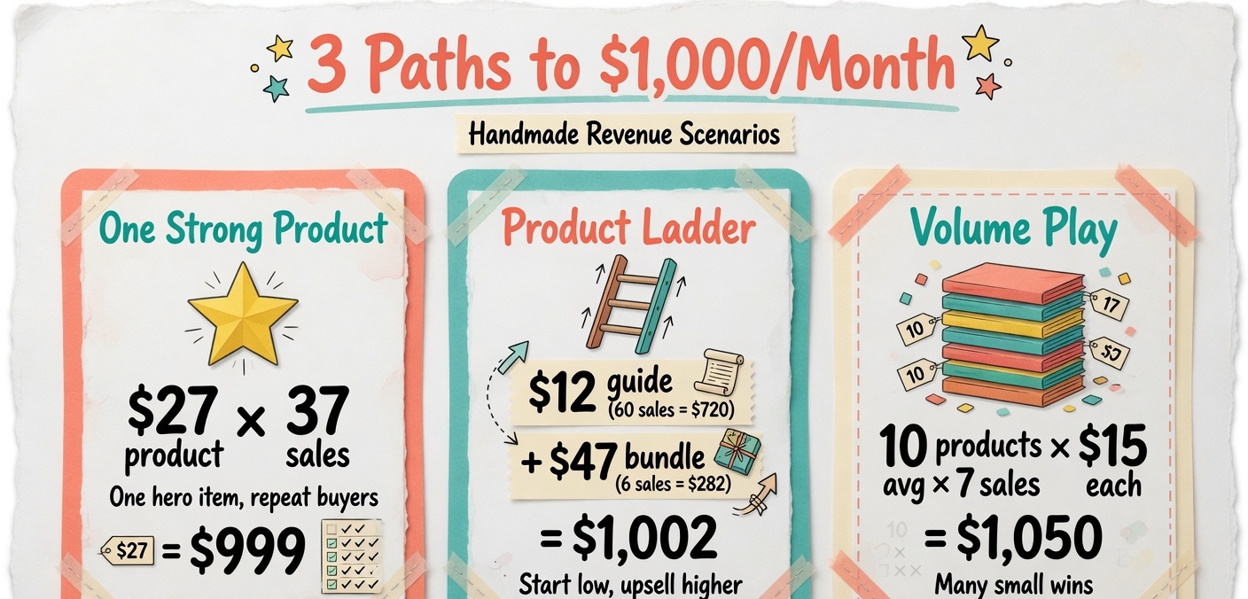 Three revenue scenarios showing different paths to reach one thousand dollars per month selling digital products