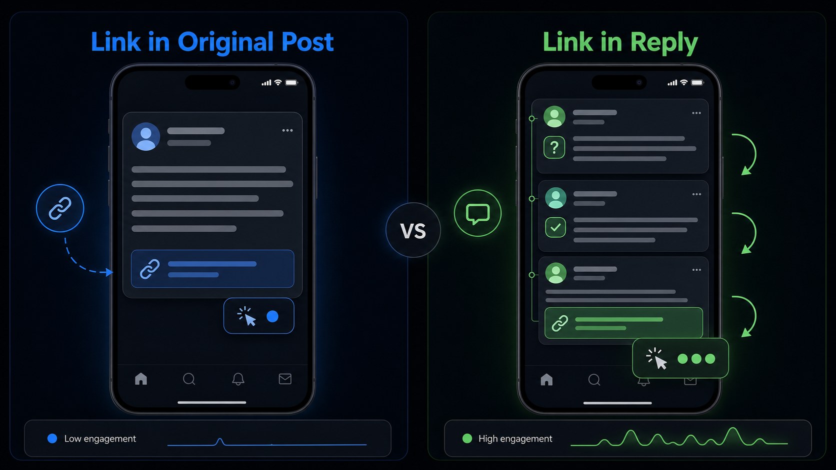 Side by side comparison of curiosity gap posts versus direct link drops showing 5x click difference