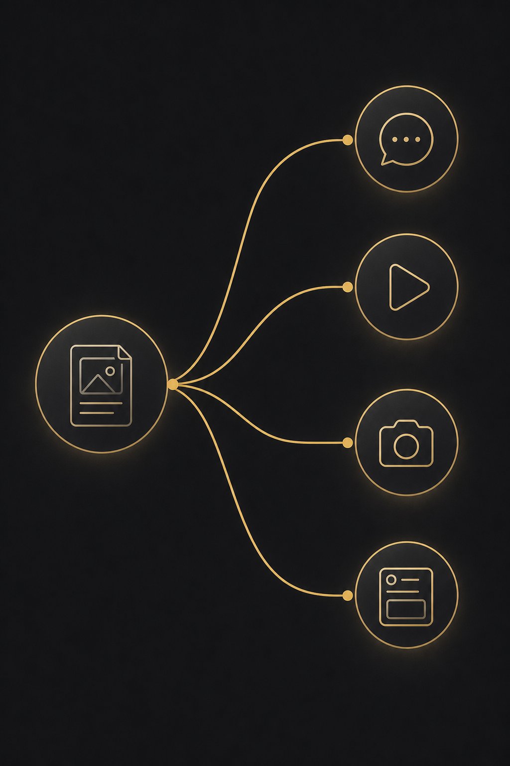 A branching diagram showing one content pillar idea splitting into four platform-specific post formats