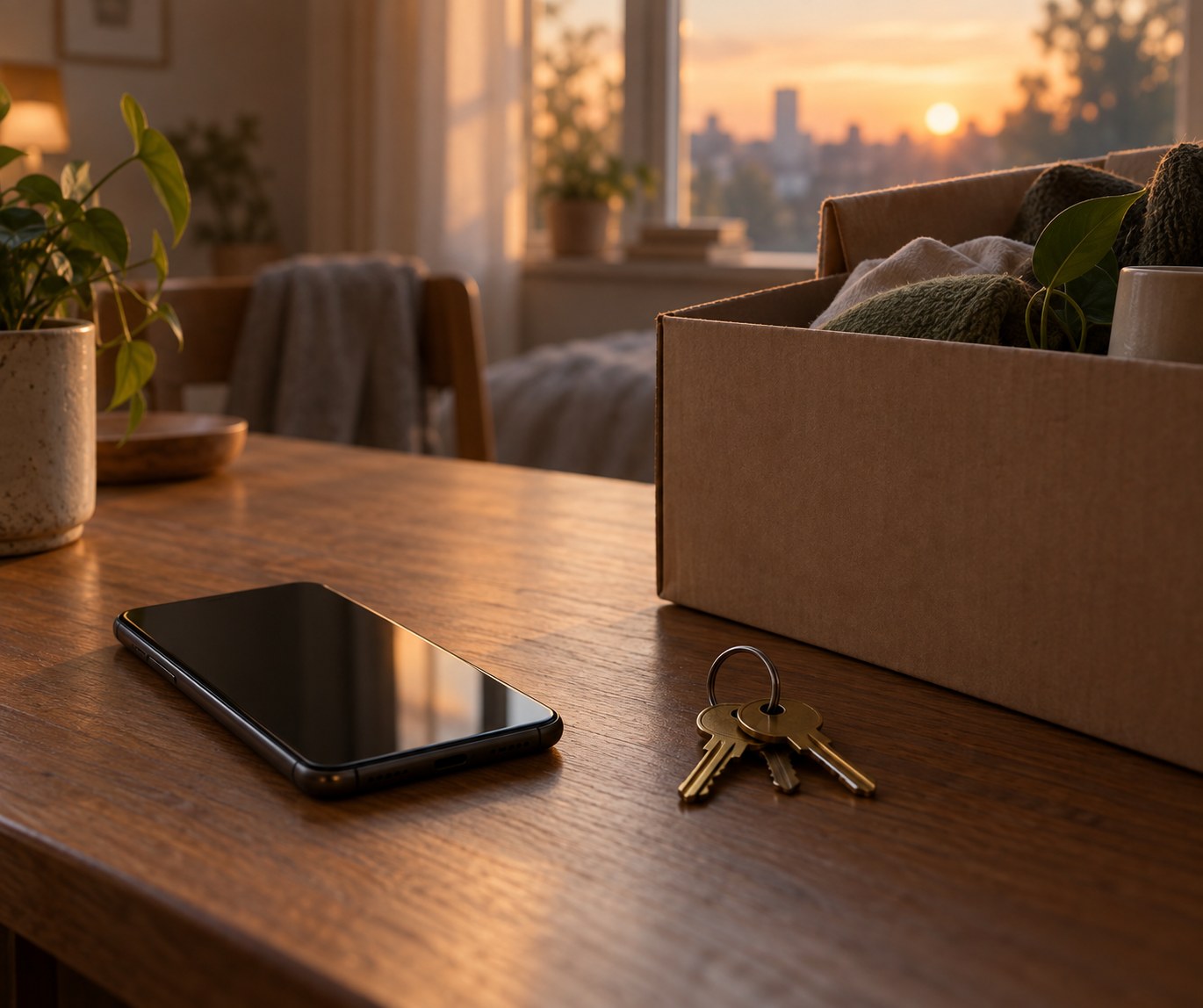A smartphone resting on a wooden desk beside a small set of keys and a half-packed cardboard box, warm evening light, quiet departure mood