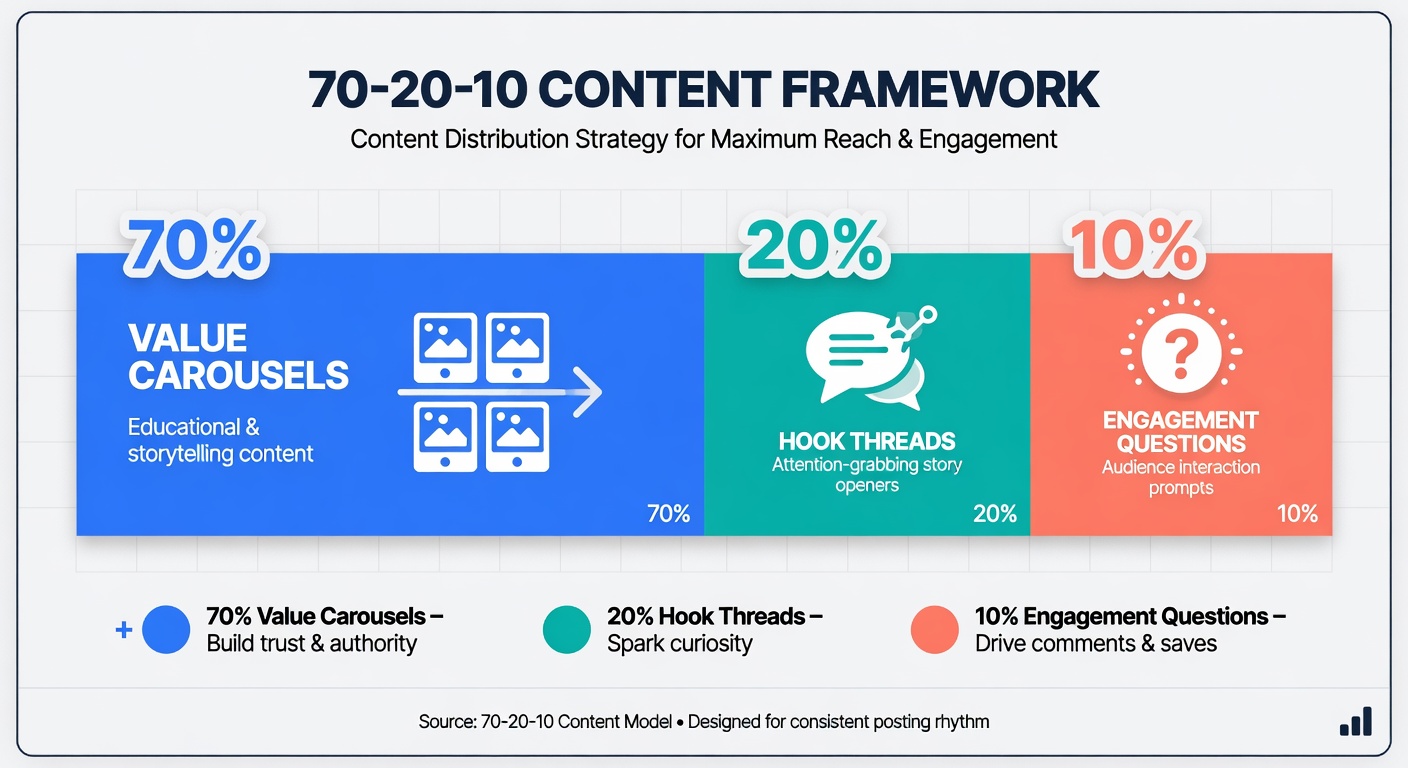 Content framework showing 70 percent value, 20 percent hooks, 10 percent engagement