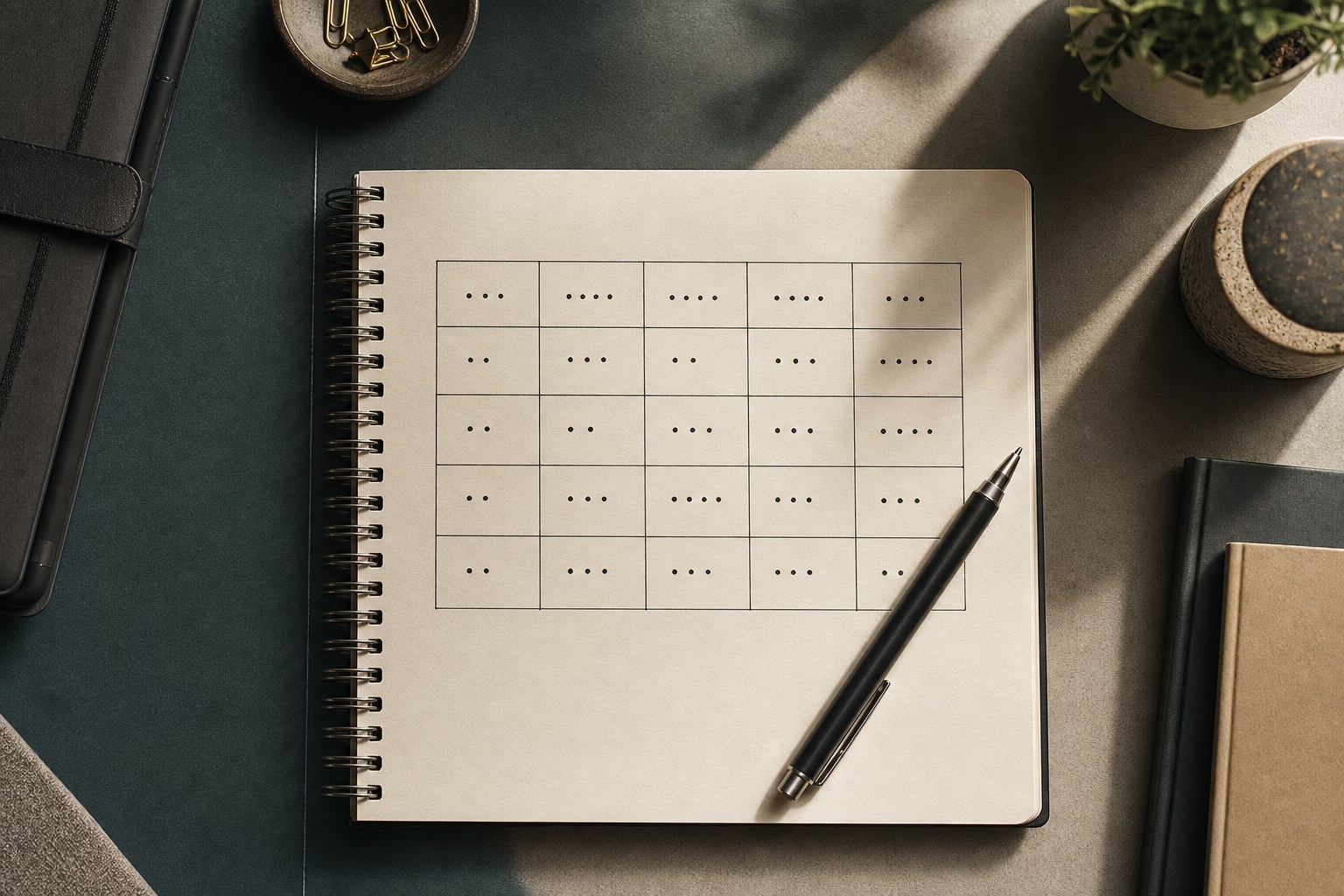 An open notebook showing a handwritten per-platform adaptation table with rows for Threads, X, LinkedIn, Instagram, Bluesky, and Facebook, with columns for character limit, links, tone, and hashtags.
