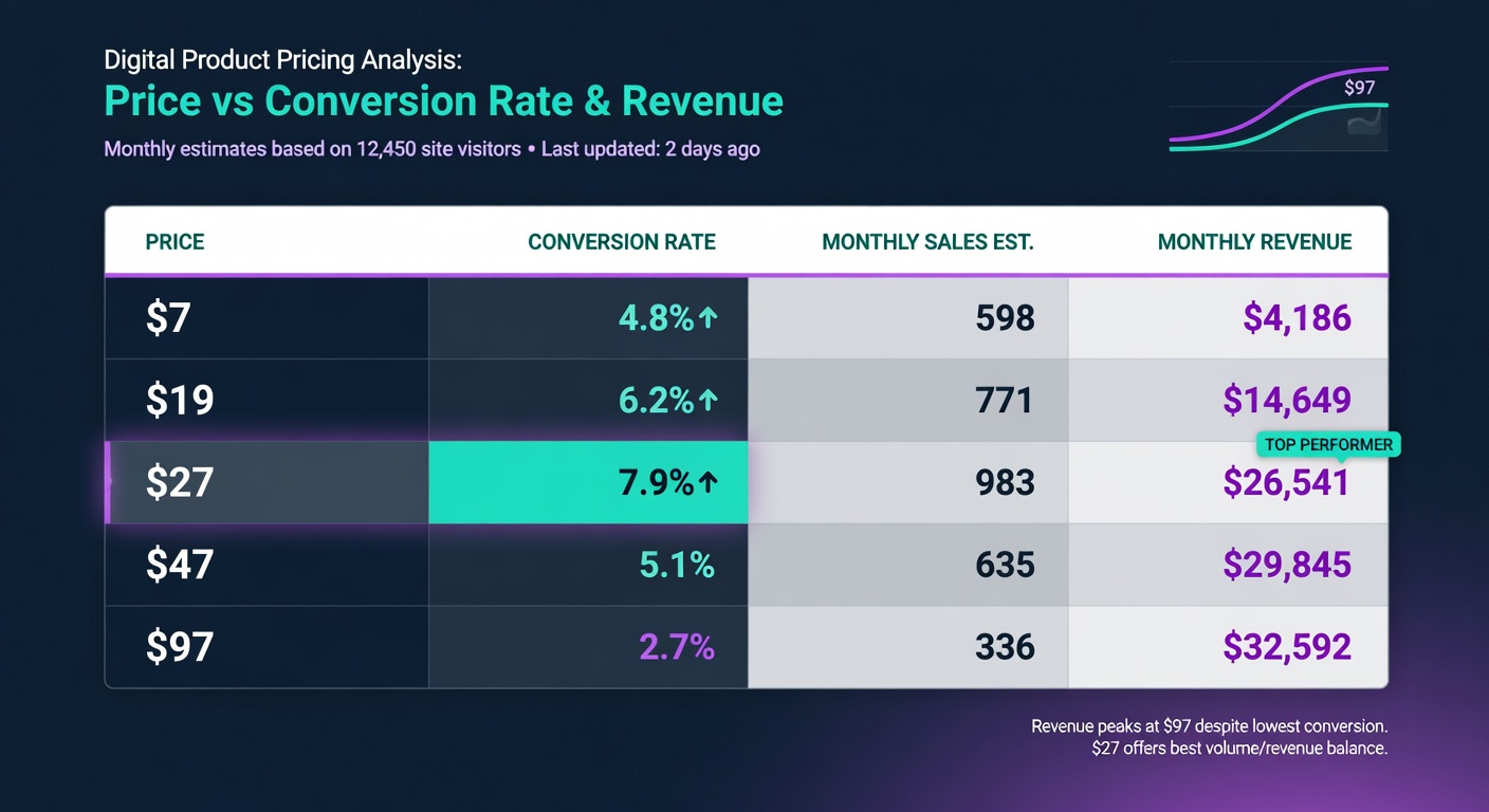 Data table showing digital product pricing, conversion rates, and monthly revenue at different price points