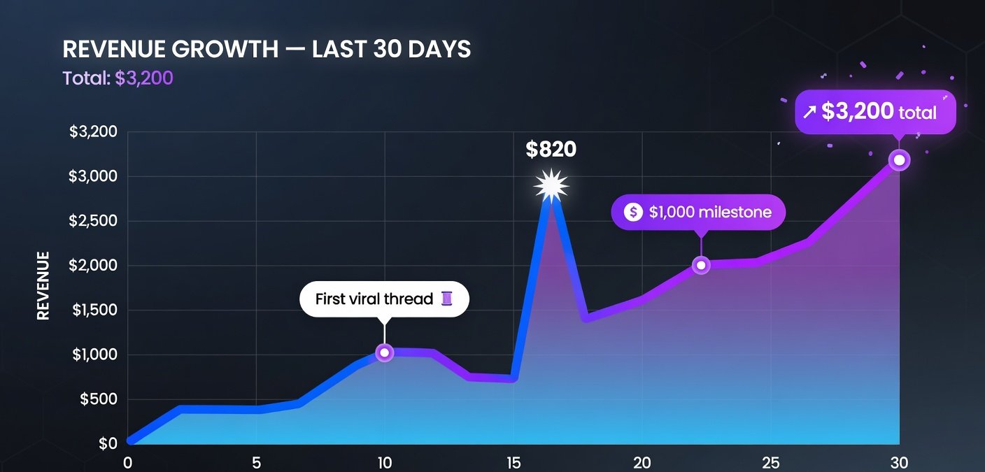 Revenue growth chart showing $3,200 earned over 30 days selling AI digital products on Threads