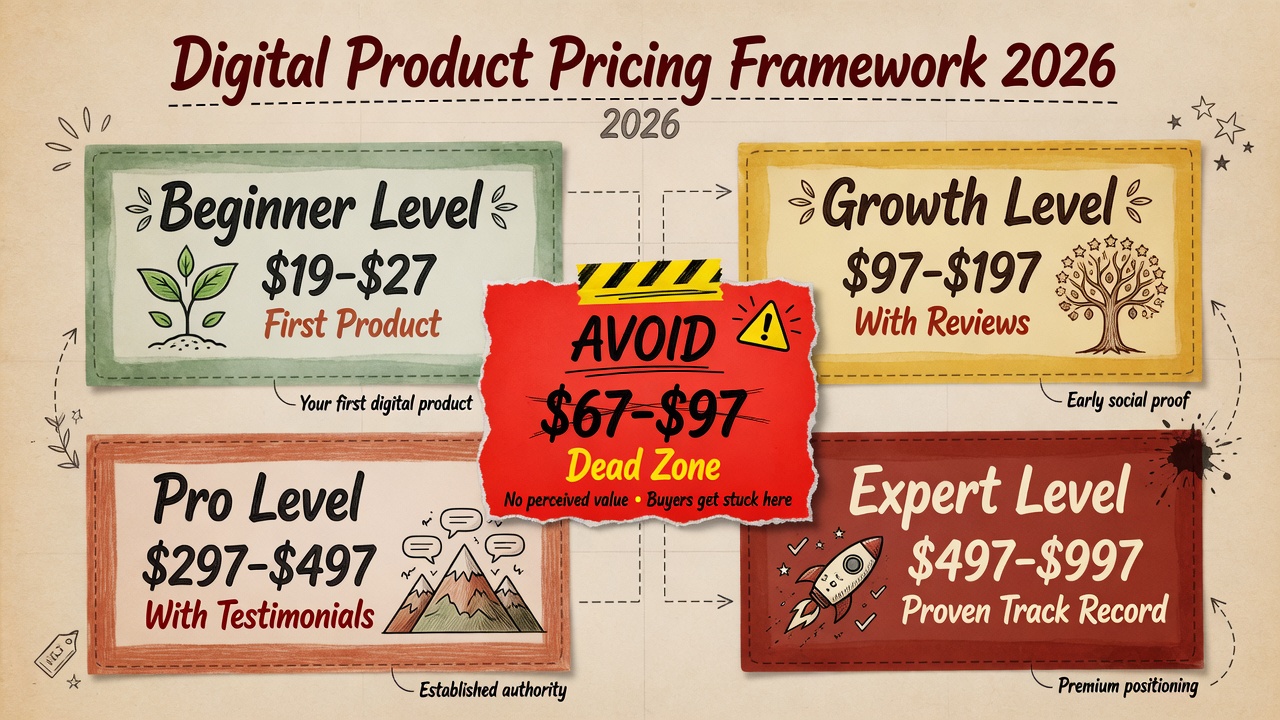 Digital product pricing workflow ladder from beginner to expert with pricing tiers