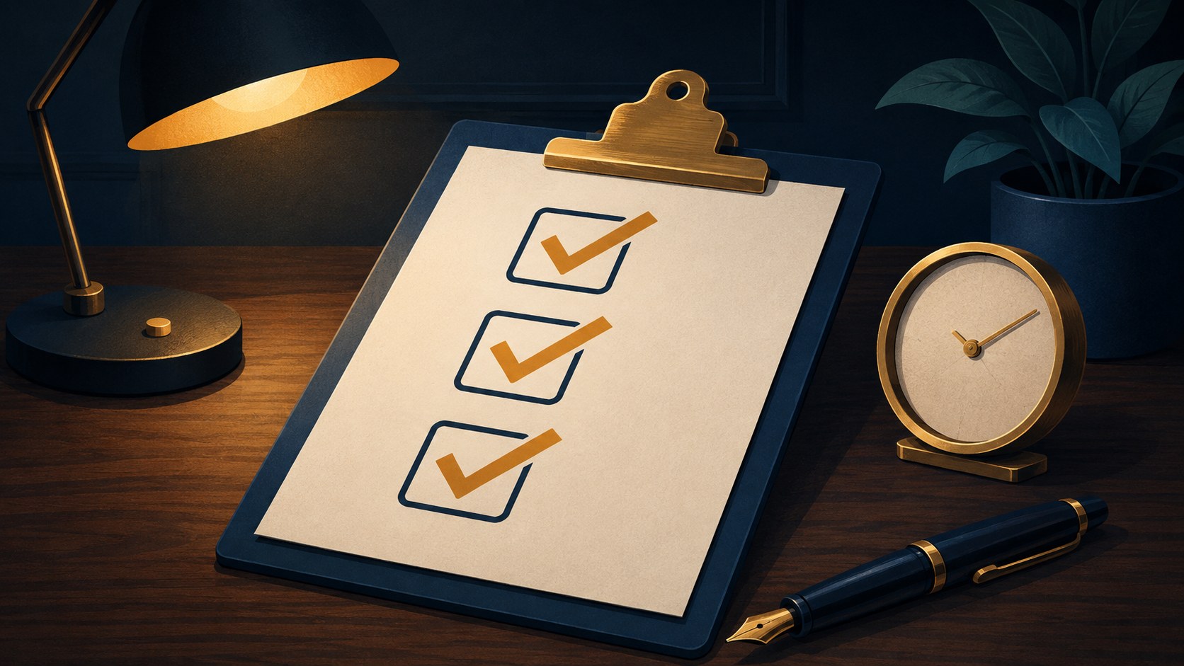 A checklist card on a desk with three measured outcomes marked complete: publish reliability, writing speed, and analytics usefulness