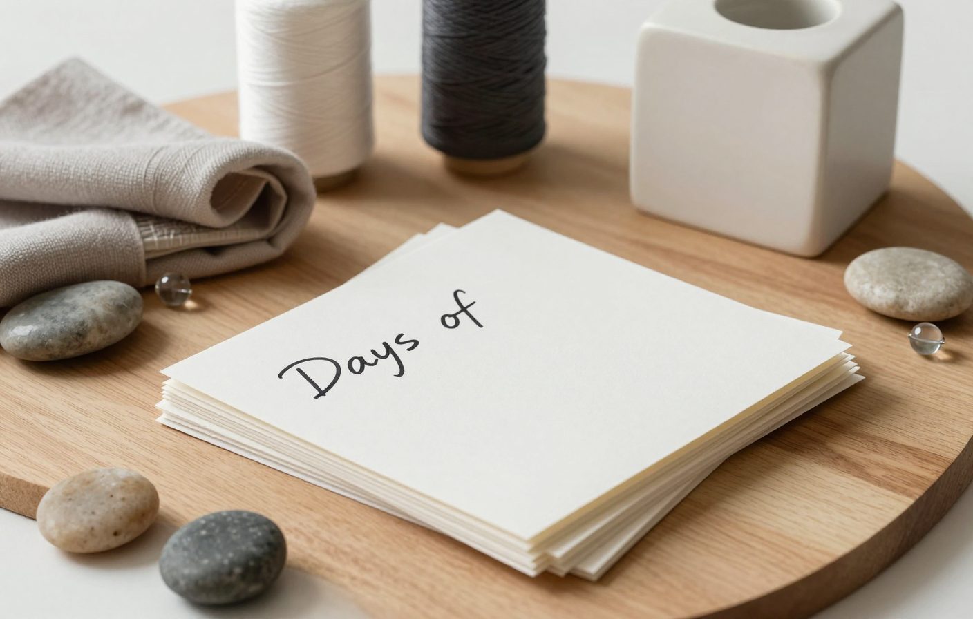 Stack of handwritten prompt cards on a wooden desk with coffee and plant in soft morning light