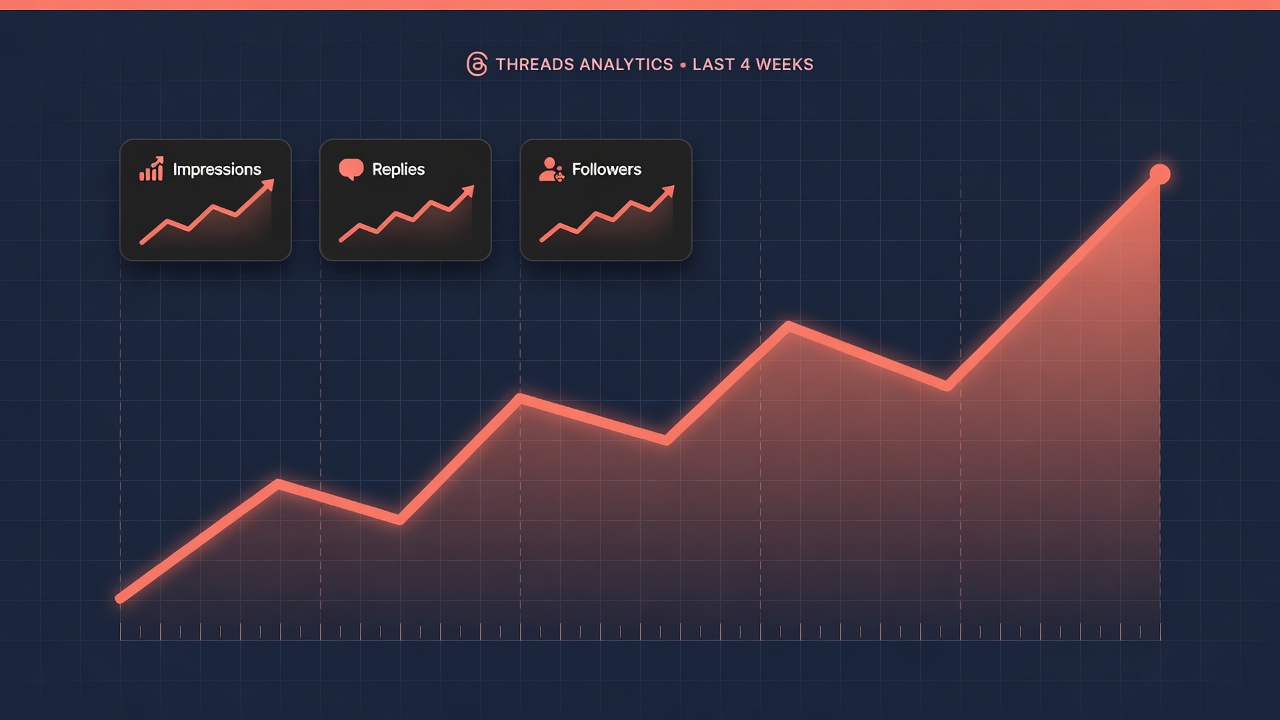 Threads analytics dashboard showing upward trending impressions, replies, and follower growth over four weeks