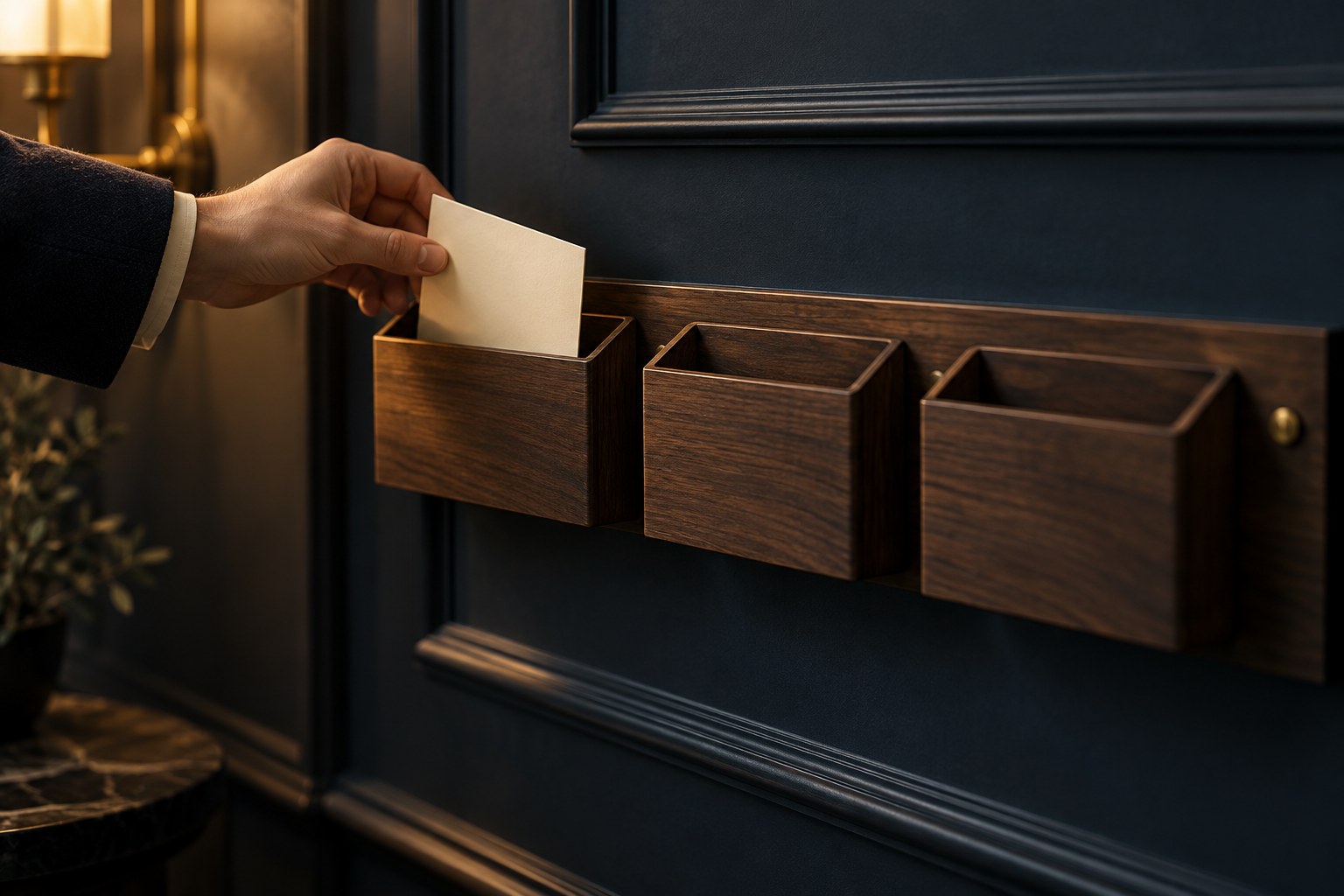 A hand placing a plain cream card into one of three wooden slots on a wall rail, with two empty slots beside it