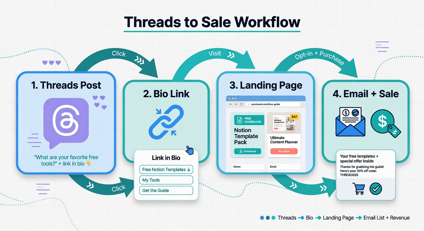 Four-stage Threads traffic funnel from post to sale with arrows