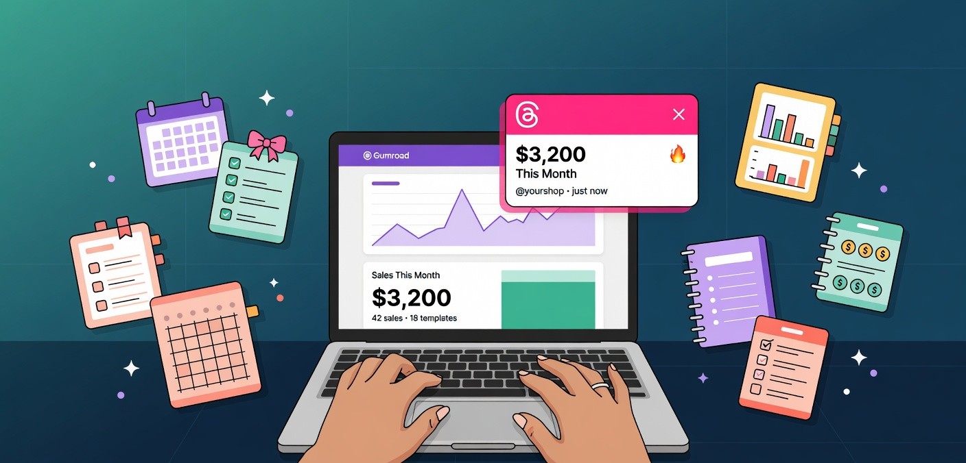 Hands typing on laptop showing Gumroad sales dashboard with template revenue notifications