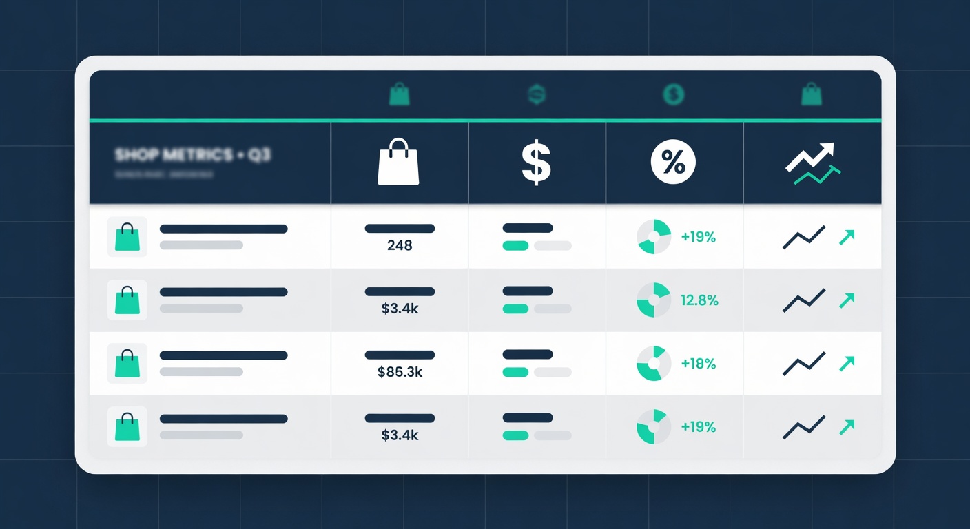 Data table showing Etsy shop metrics including sales count, average price, profit margin, and revenue breakdown